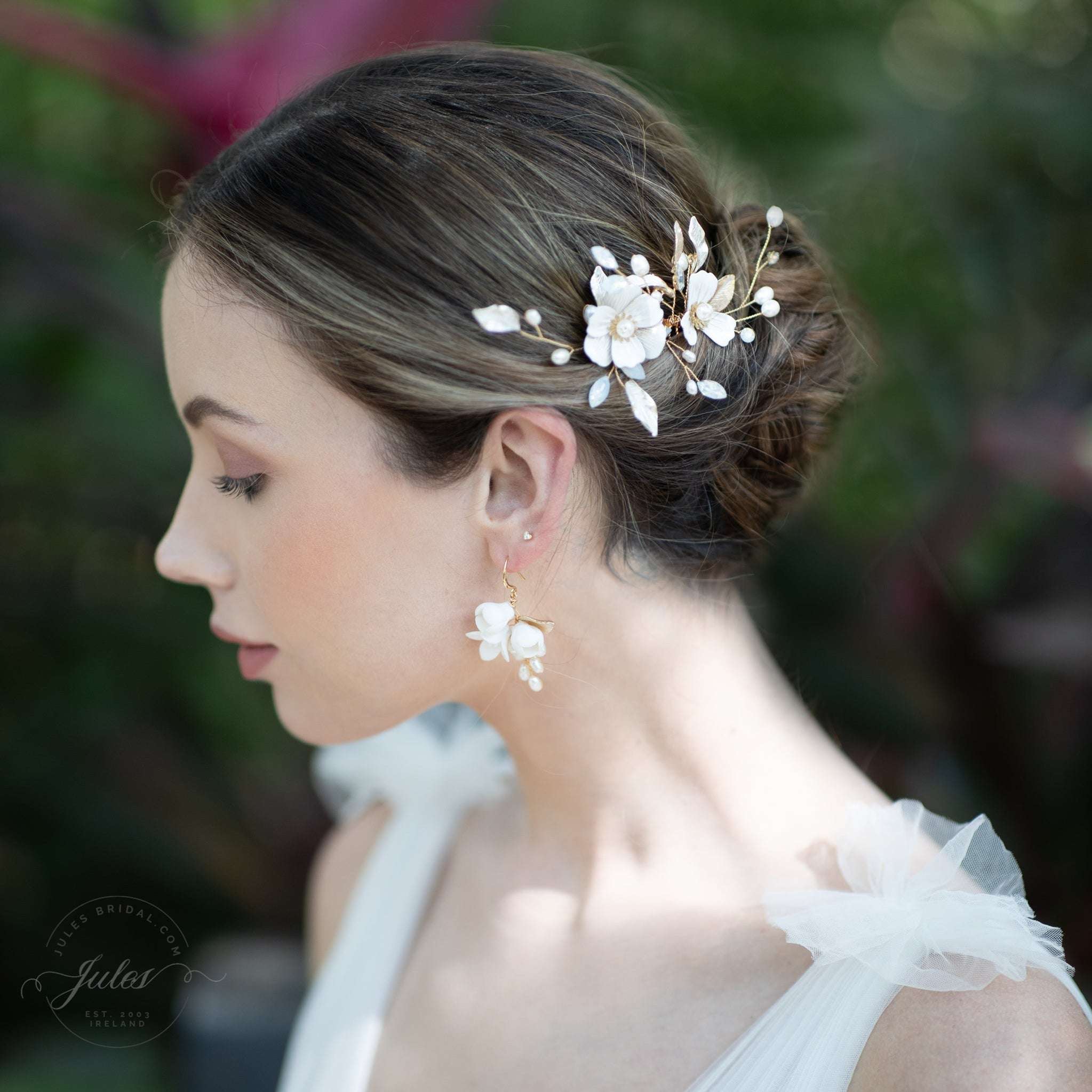 Jules Bridal - Helka, Pearl & Enamel Floral Hair Comb with Opal & Gold