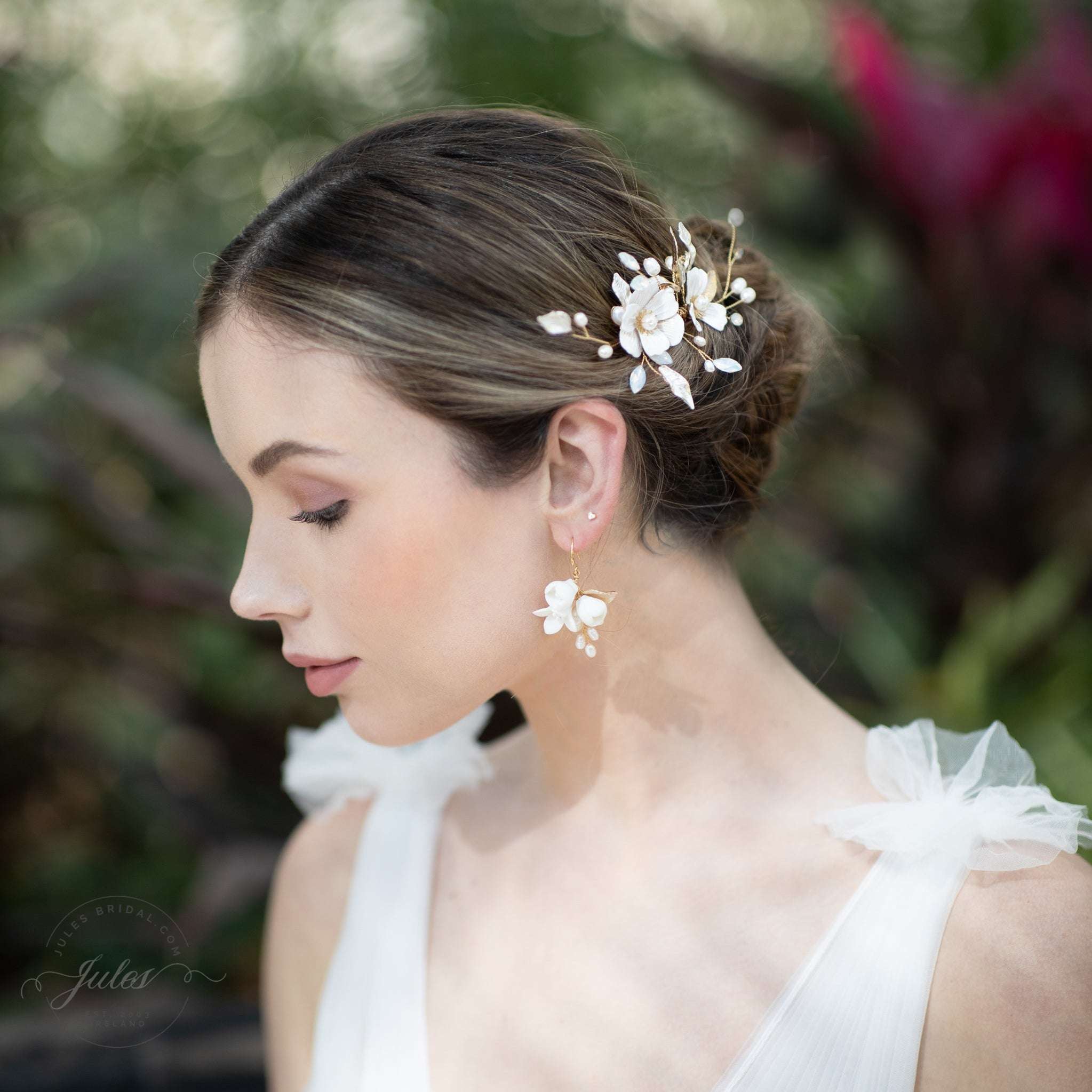 Jules Bridal - Helka, Pearl & Enamel Floral Hair Comb with Opal & Gold