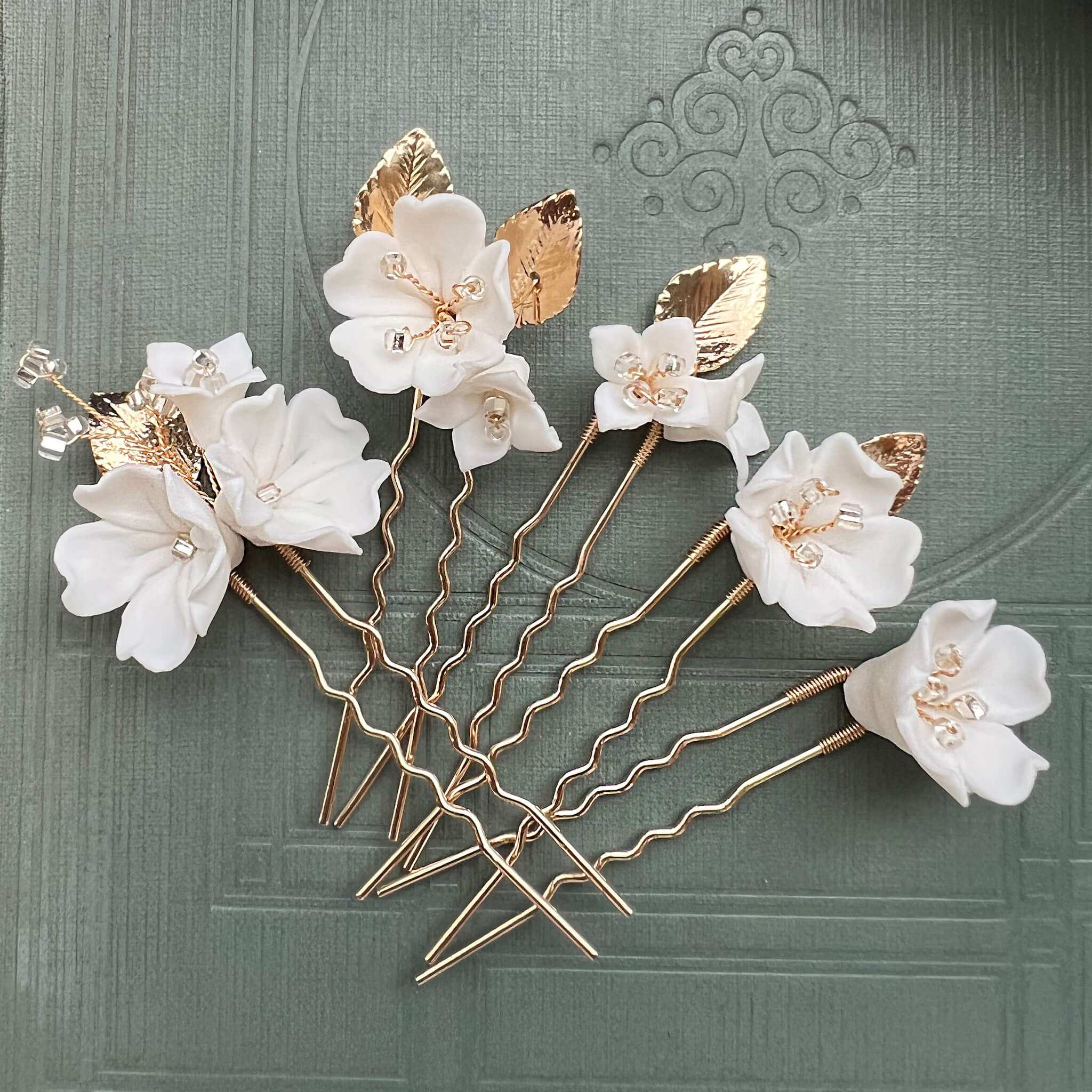 Jules Bridal - Kalmia, White Ceramic Floral Hair Pin Set