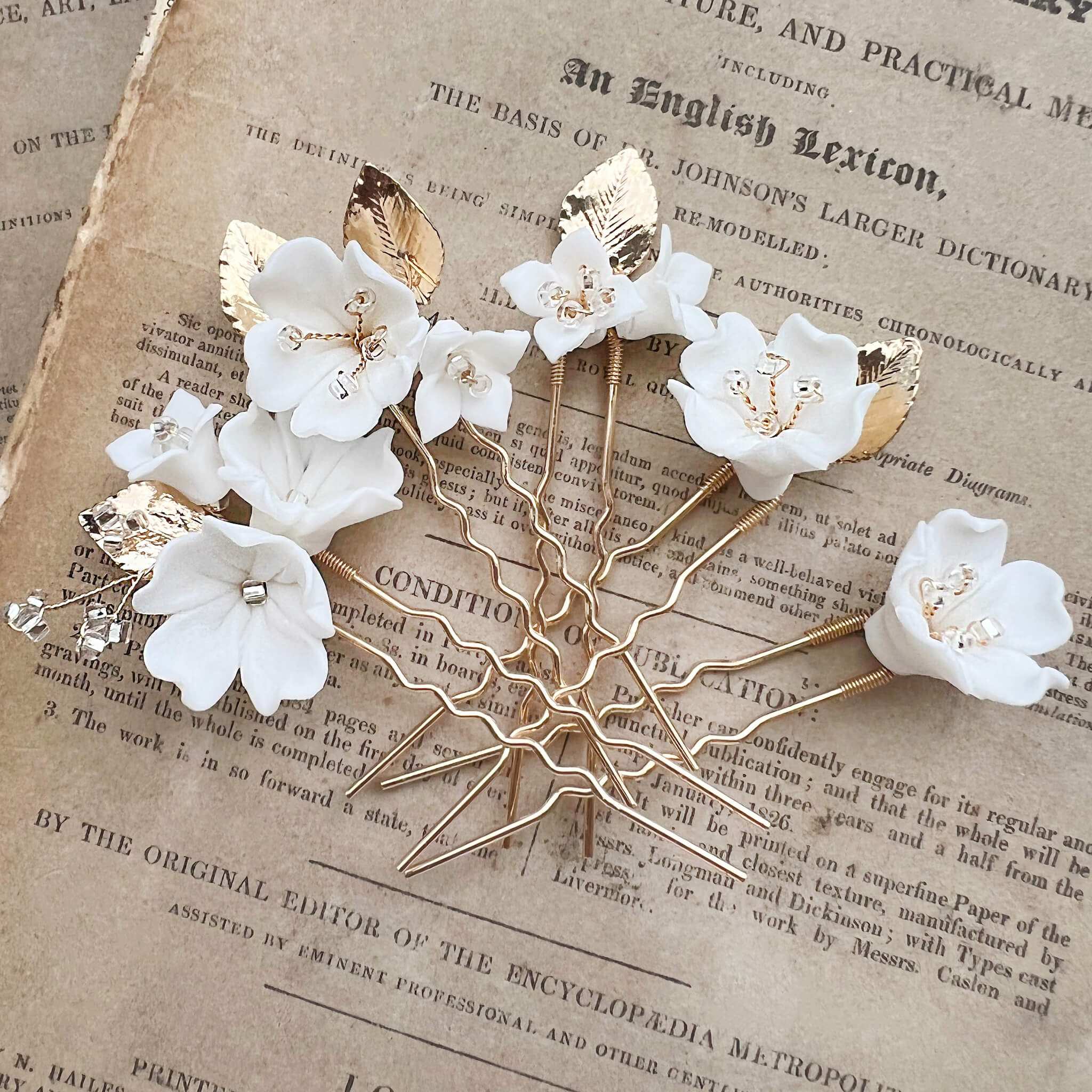 Jules Bridal - Kalmia, White Ceramic Floral Hair Pin Set