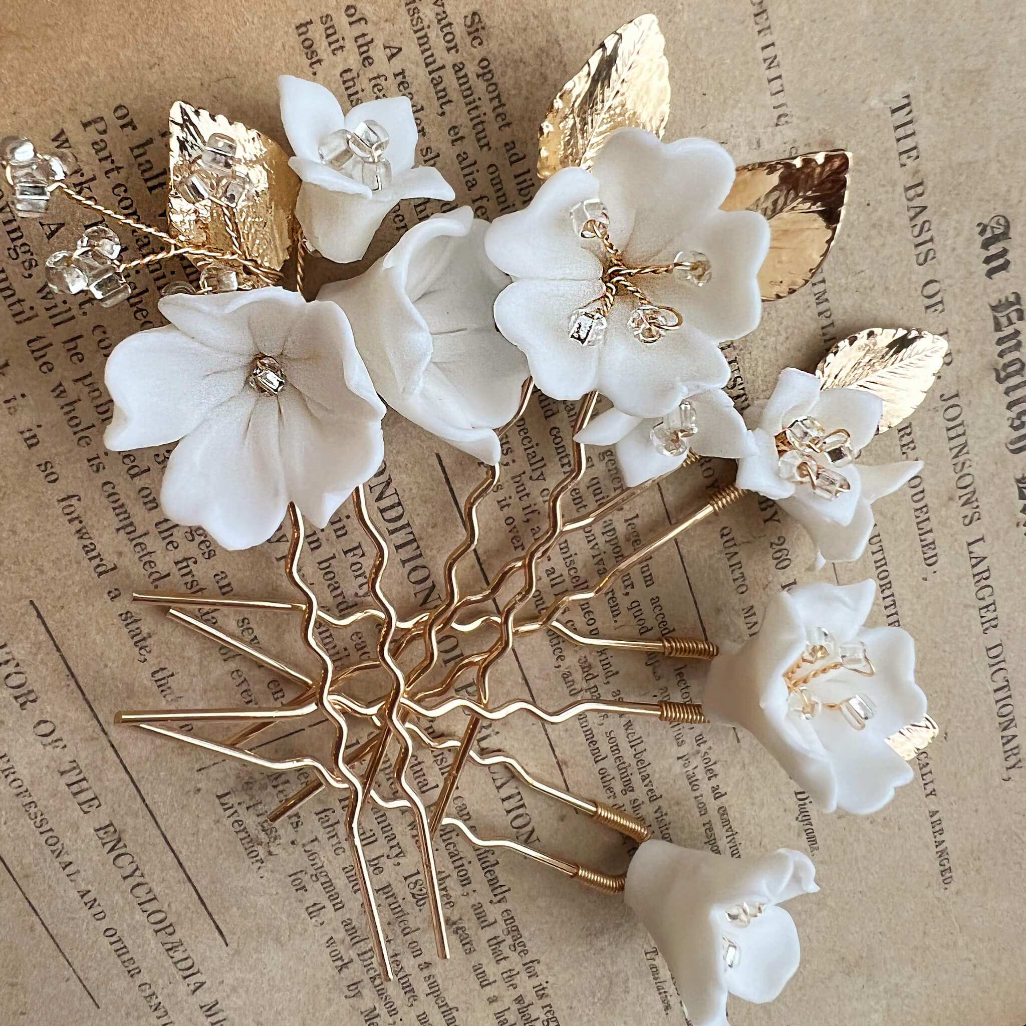 Jules Bridal - Kalmia, White Ceramic Floral Hair Pin Set