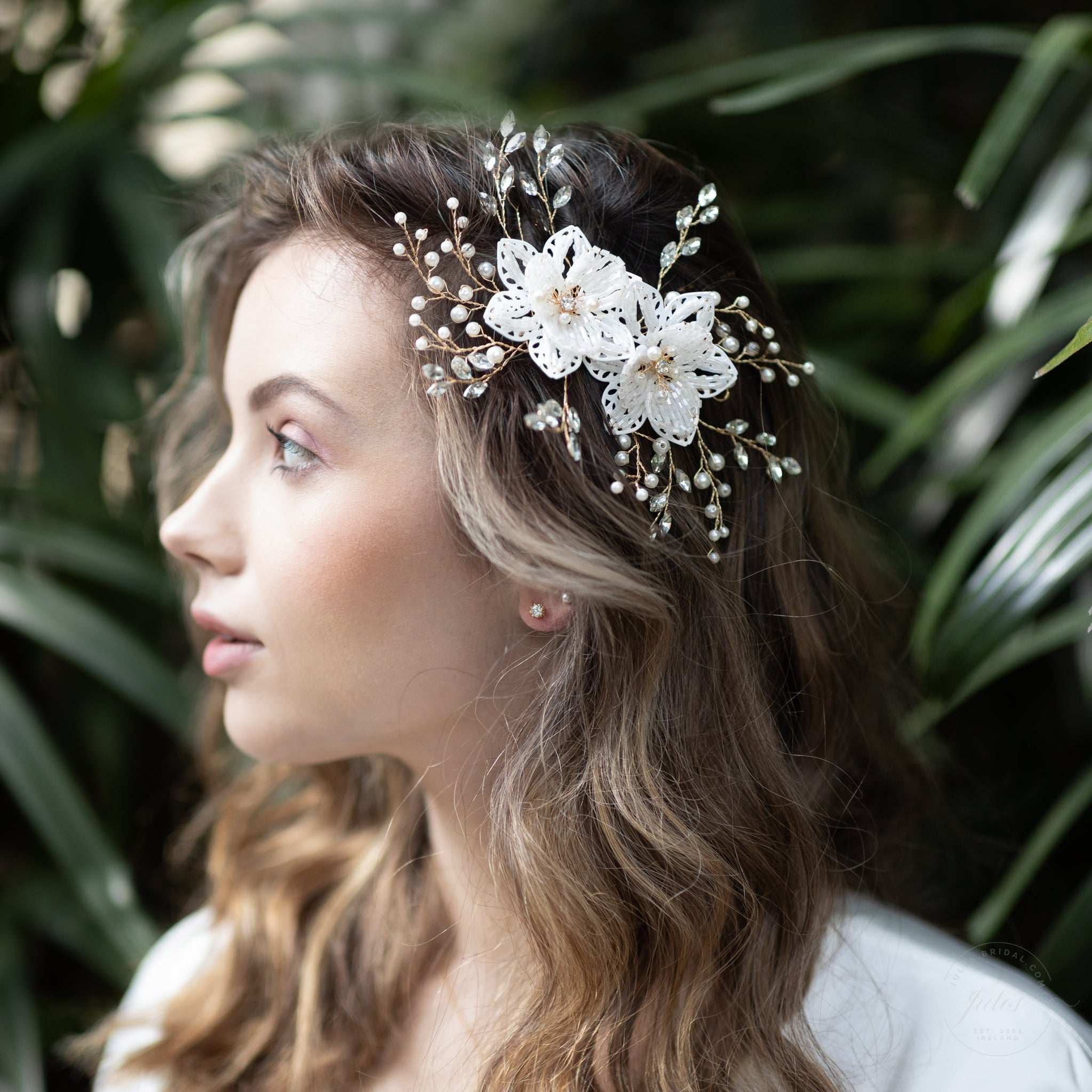 Jules Bridal - Leilani, Floral Hair Vine in Gold with Crystals & Pearls