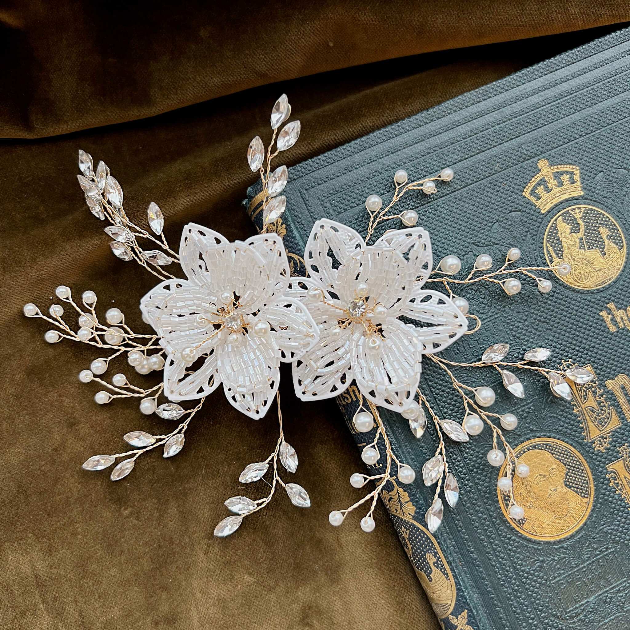 Jules Bridal - Leilani, Floral Hair Vine in Gold with Crystals & Pearls