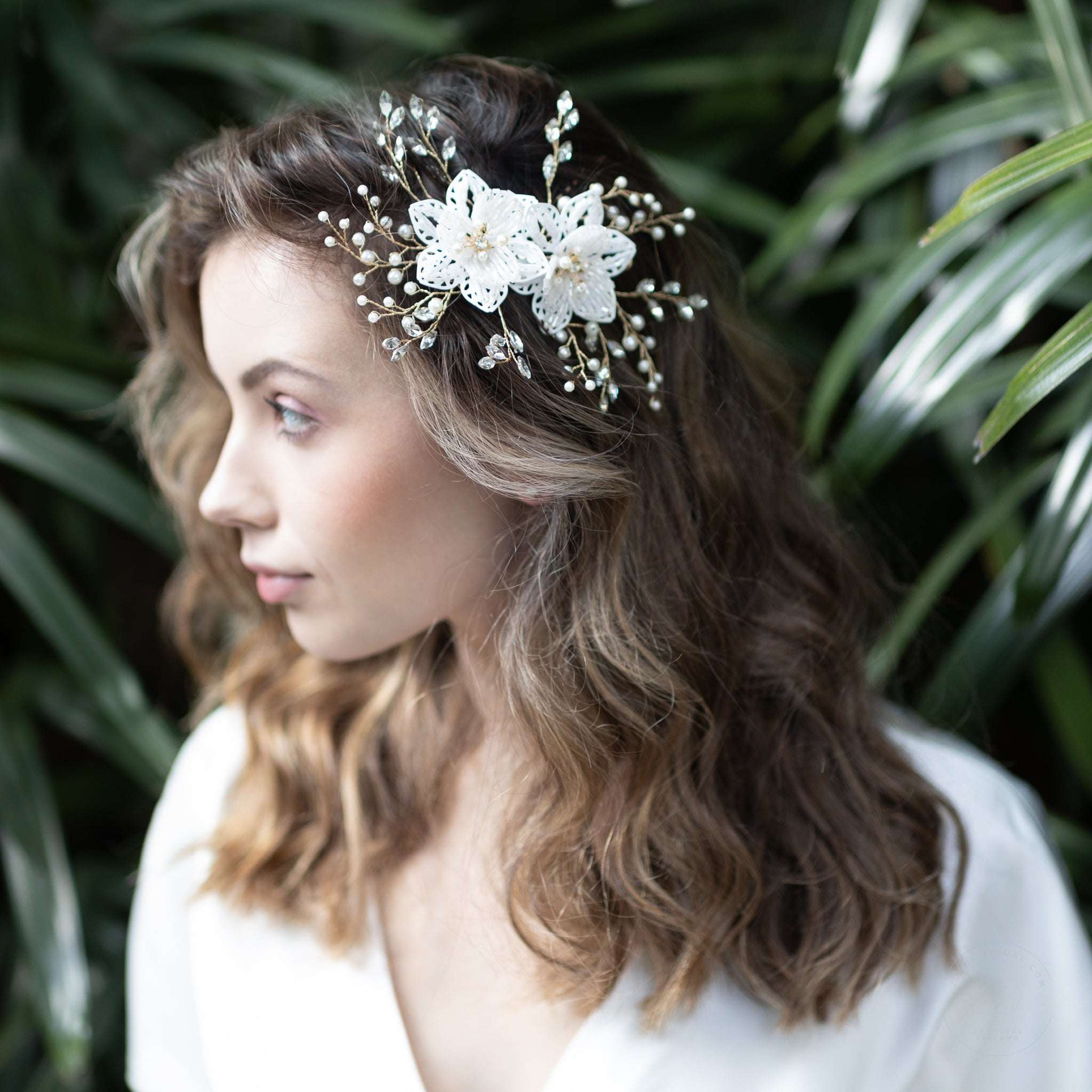 Jules Bridal - Leilani, Floral Hair Vine in Gold with Crystals & Pearls
