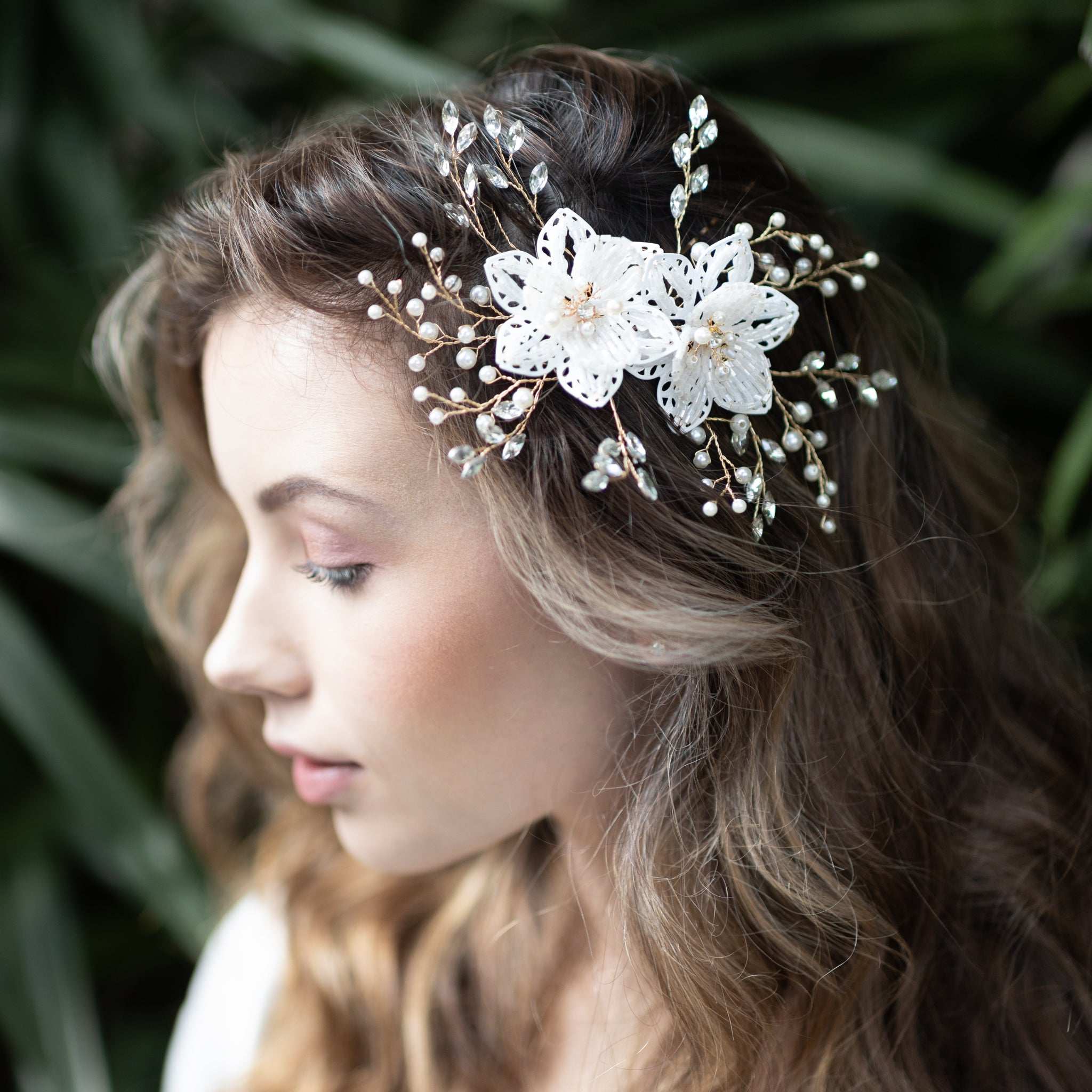 Jules Bridal - Leilani, Floral Hair Vine in Gold with Crystals & Pearls