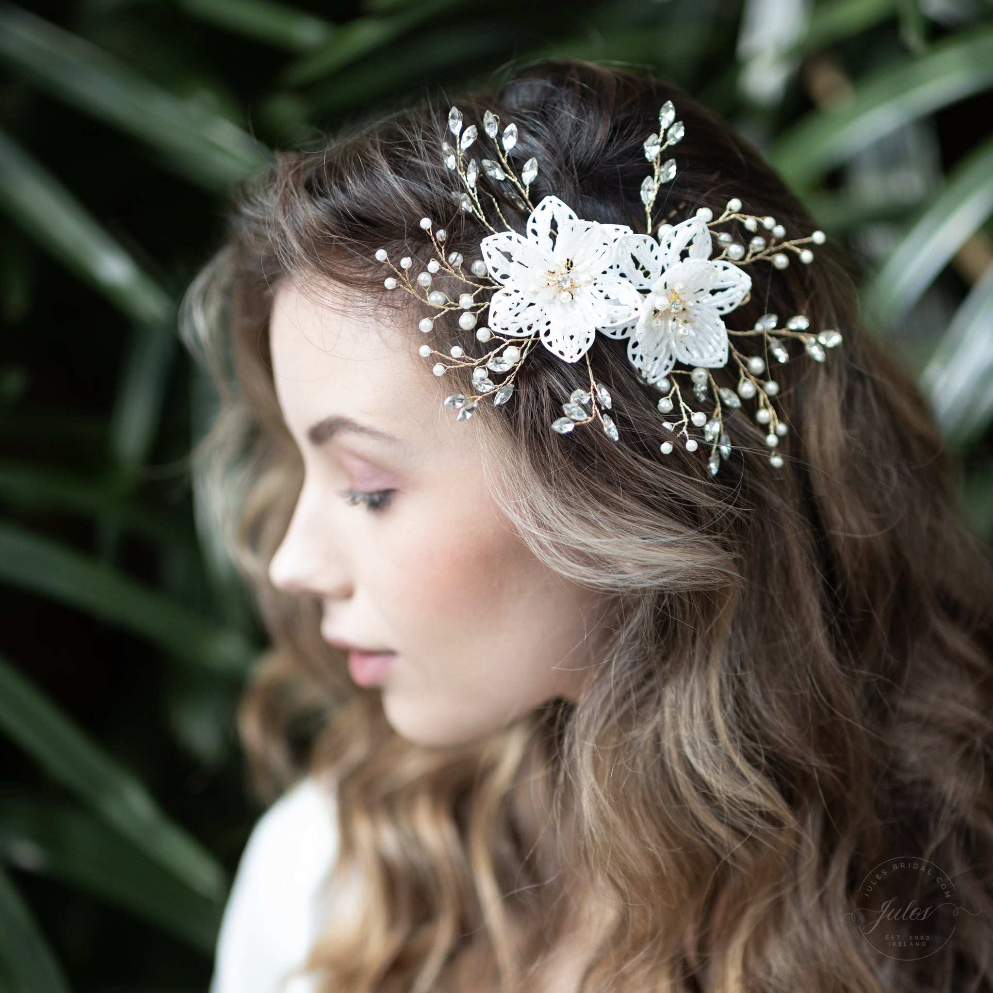 Jules Bridal - Leilani, Floral Hair Vine in Gold with Crystals & Pearls