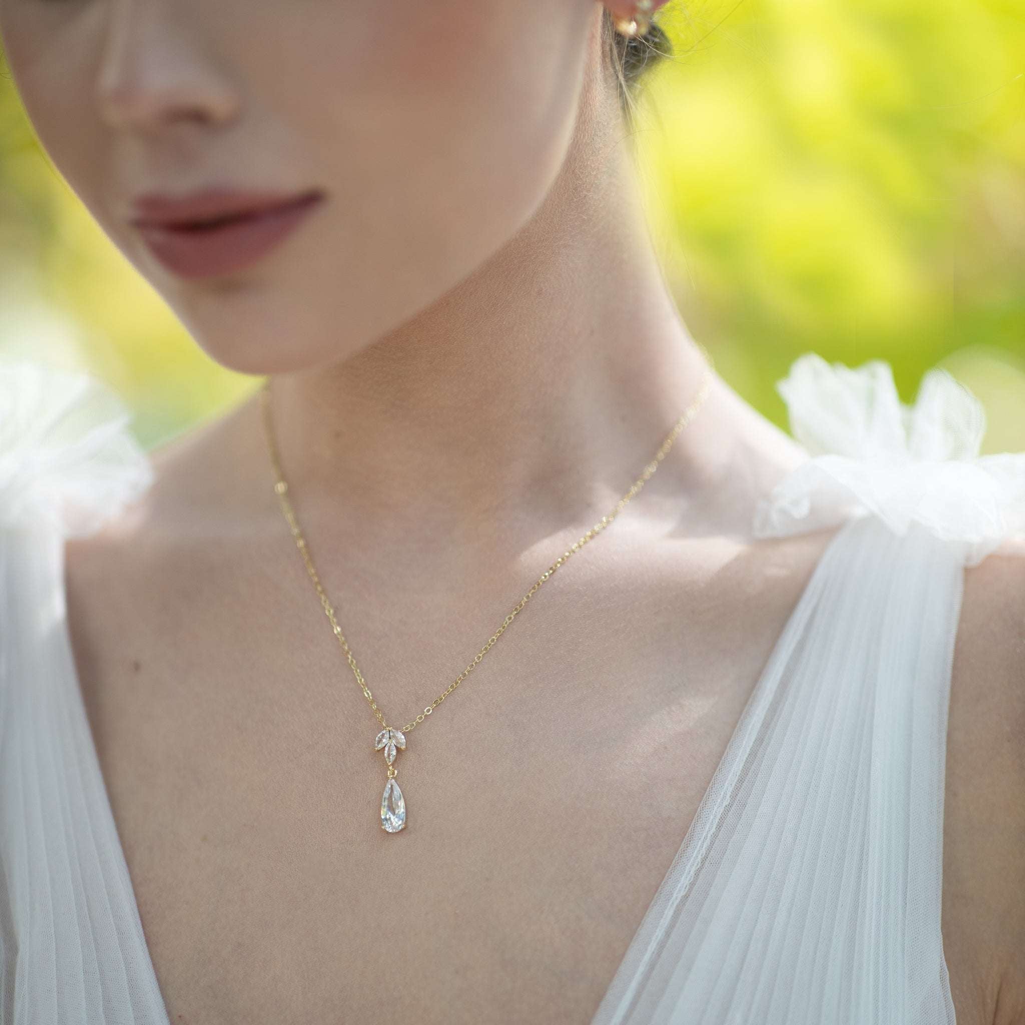 Jules Bridal - Alina, Goldtone Crystal Drop Pendant Necklace