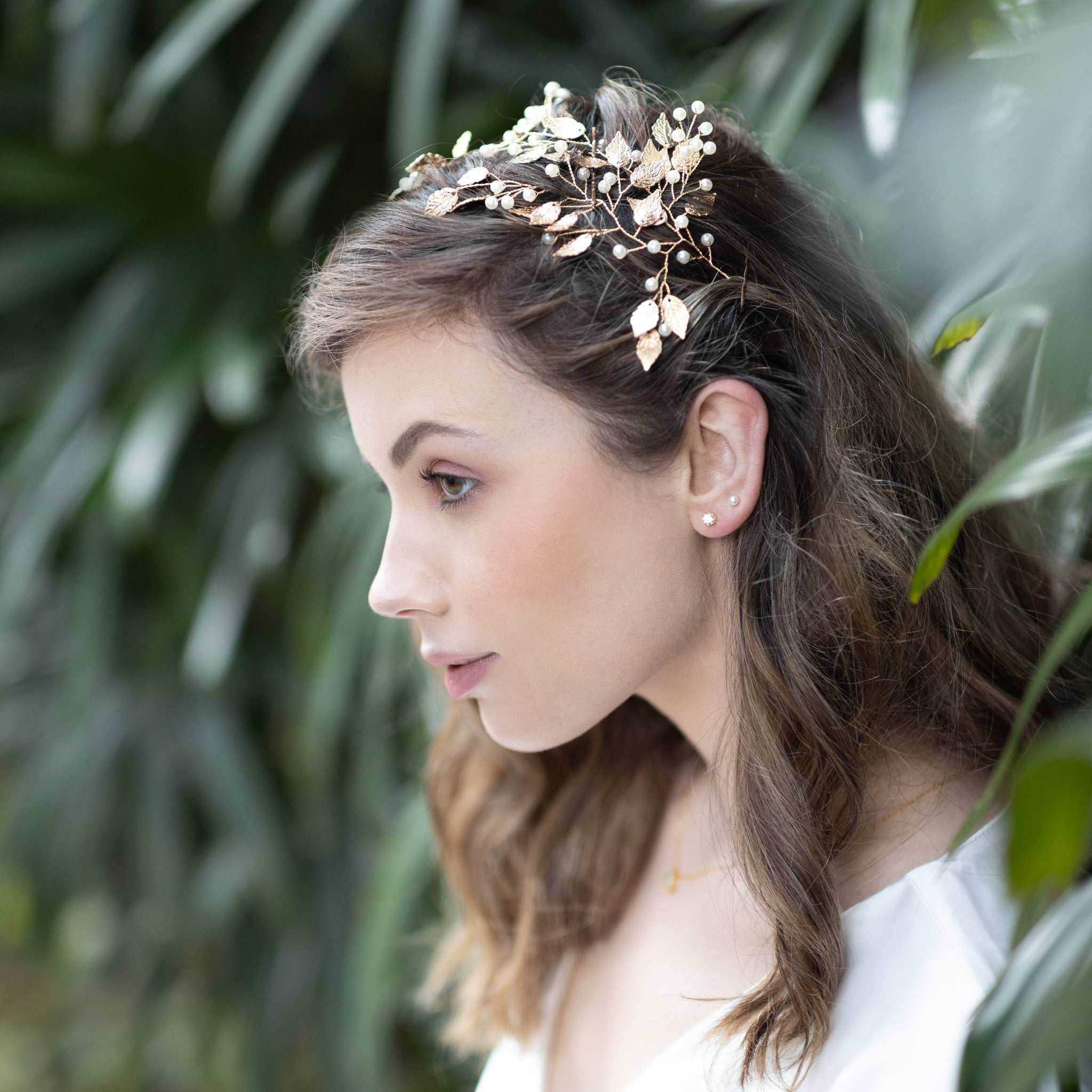 Jules Bridal - Liana, Golden Leaf Hair Vine with Pearls