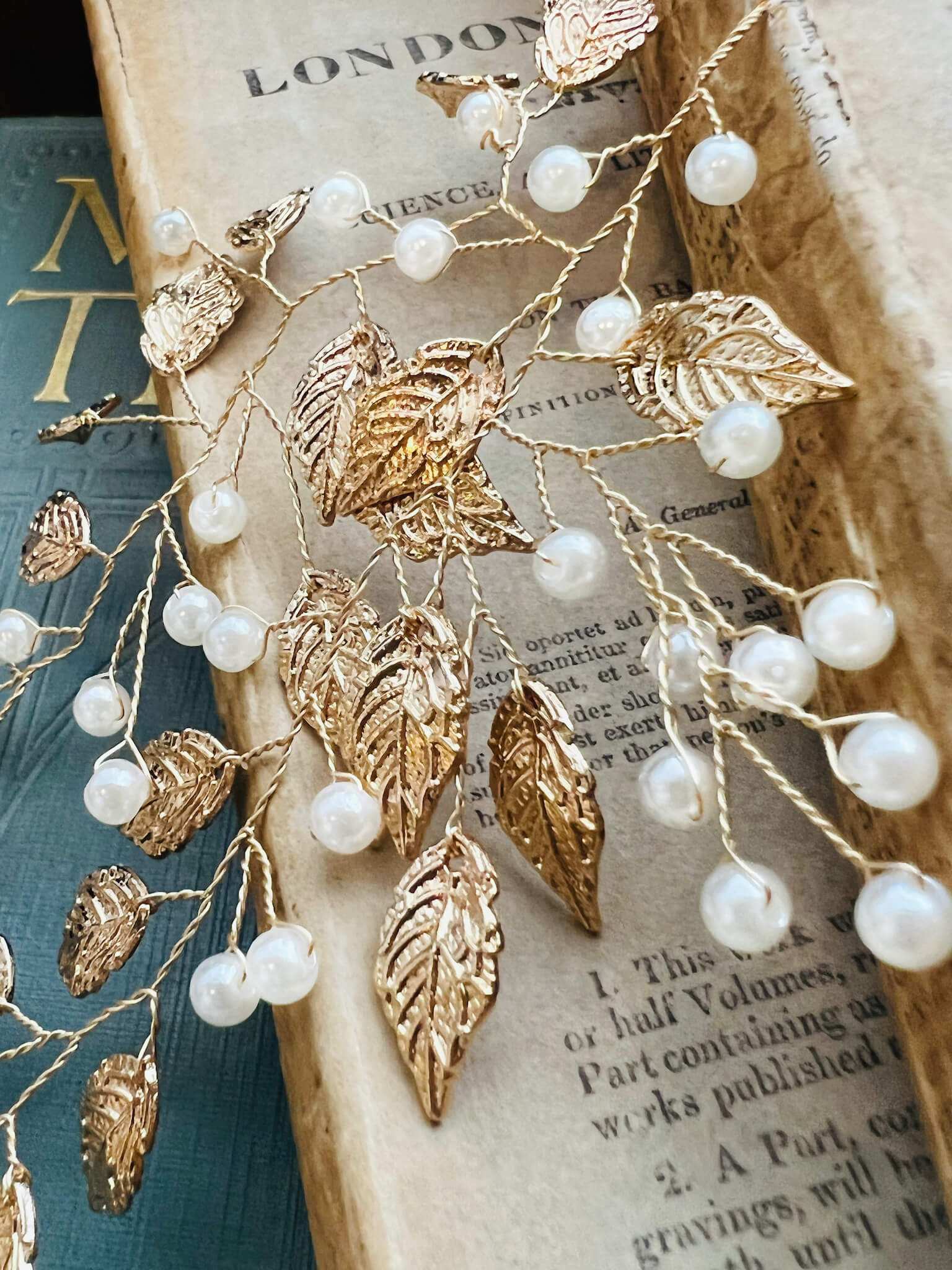 Jules Bridal - Liana, Golden Leaf Hair Vine with Pearls