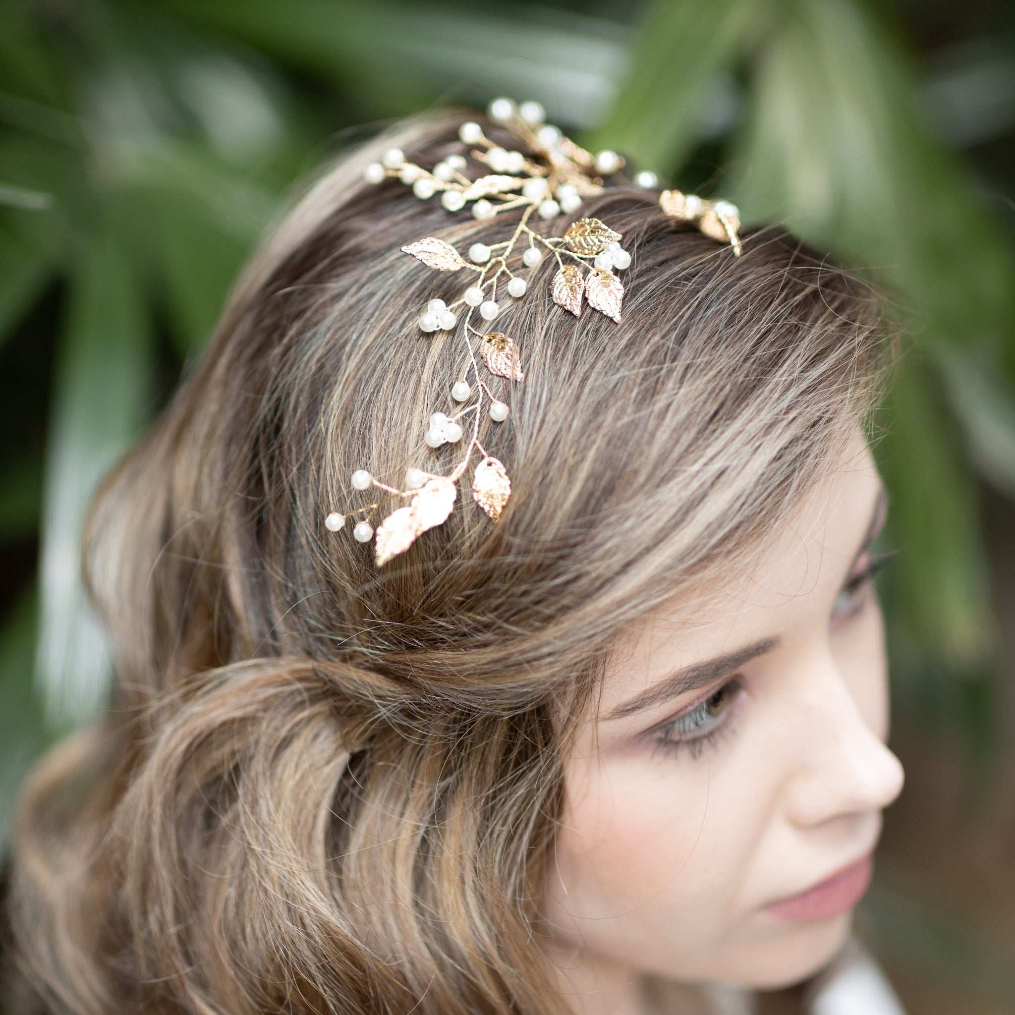 Jules Bridal - Liana, Golden Leaf Hair Vine with Pearls