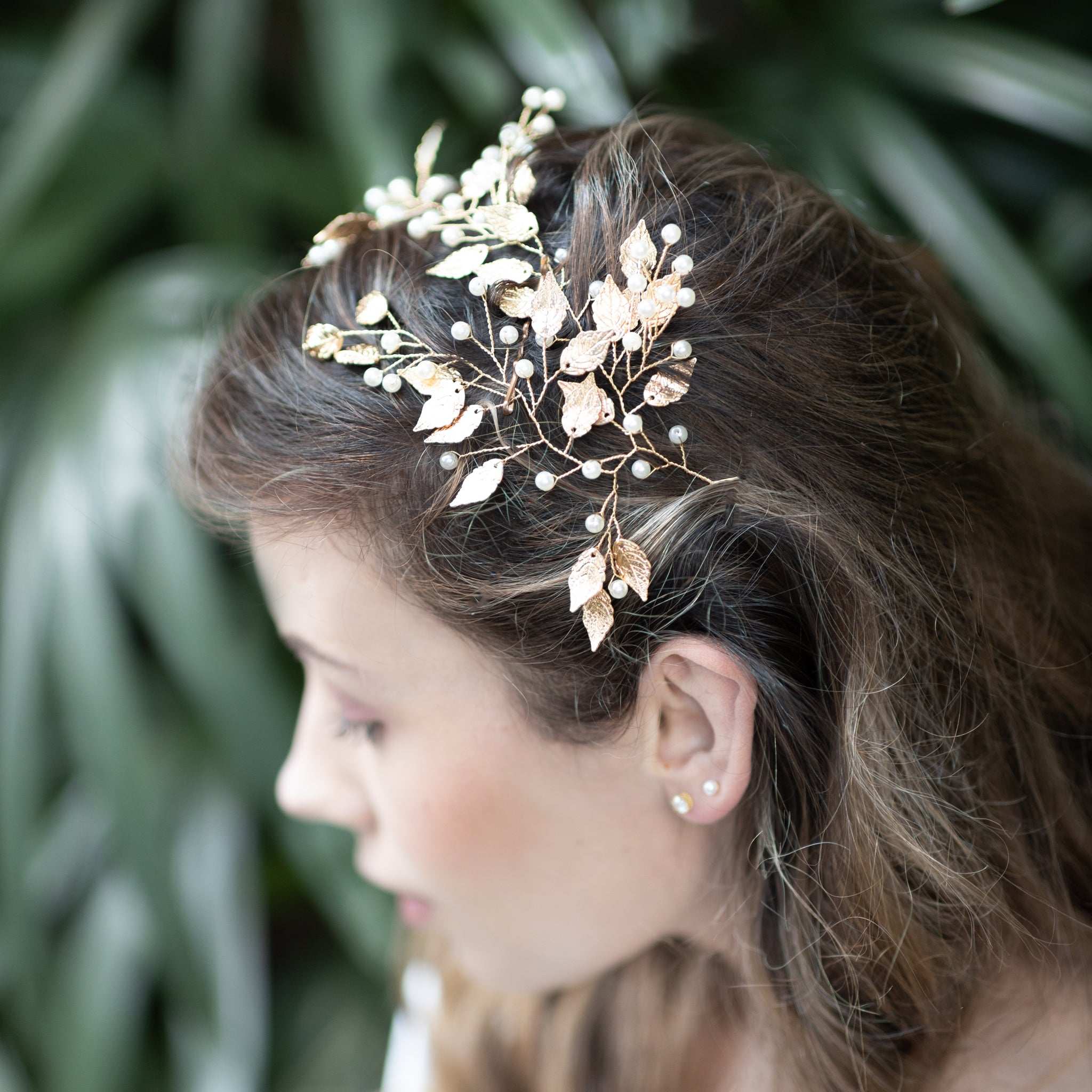 Jules Bridal - Liana, Golden Leaf Hair Vine with Pearls
