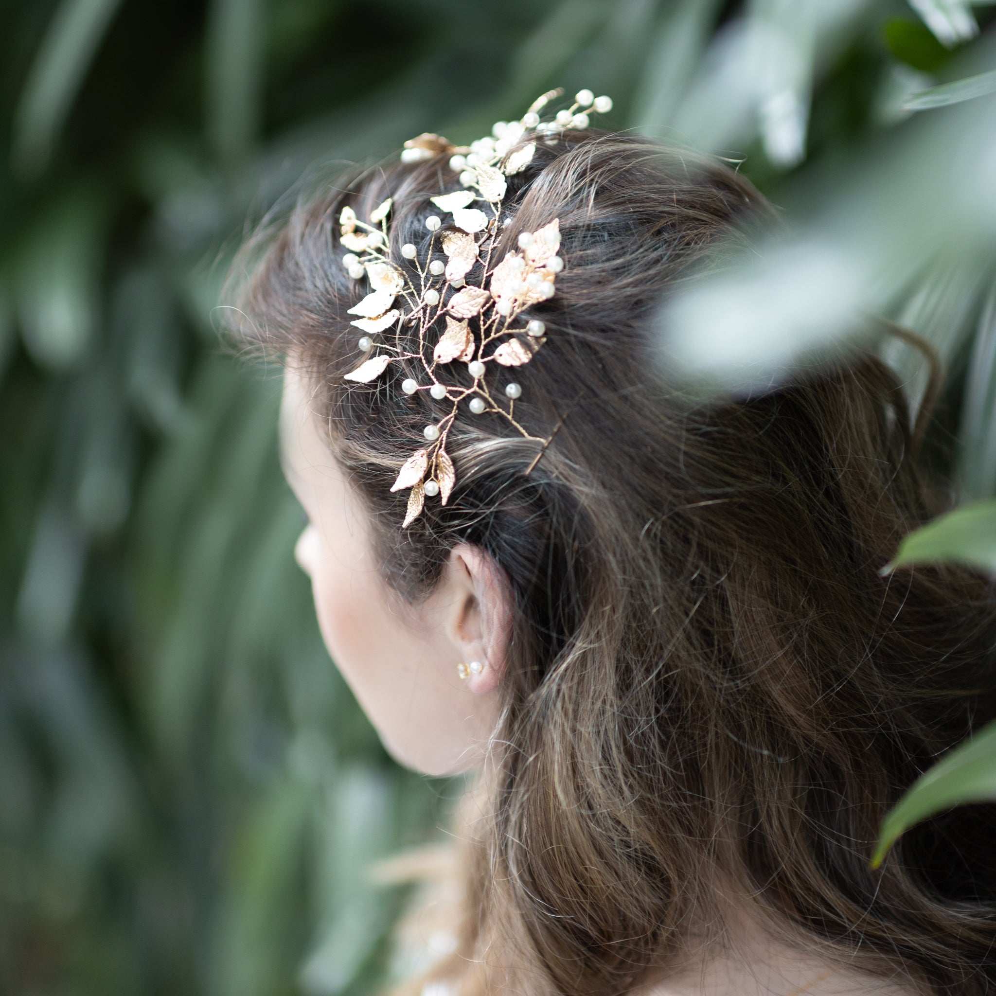 Jules Bridal - Liana, Golden Leaf Hair Vine with Pearls