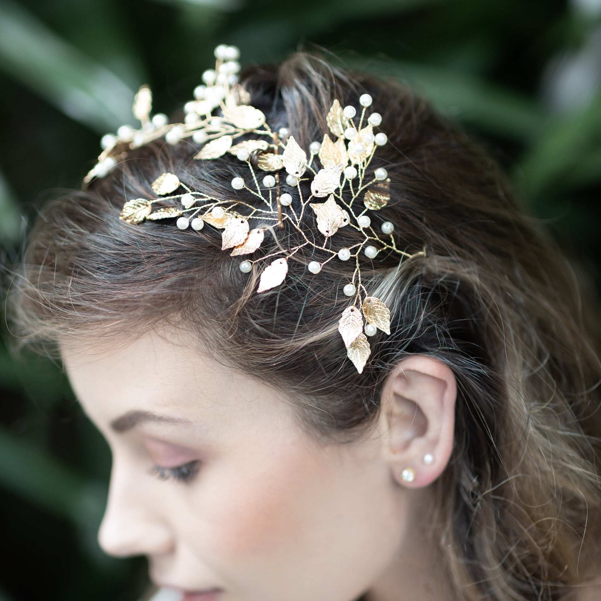 Jules Bridal - Liana, Golden Leaf Hair Vine with Pearls