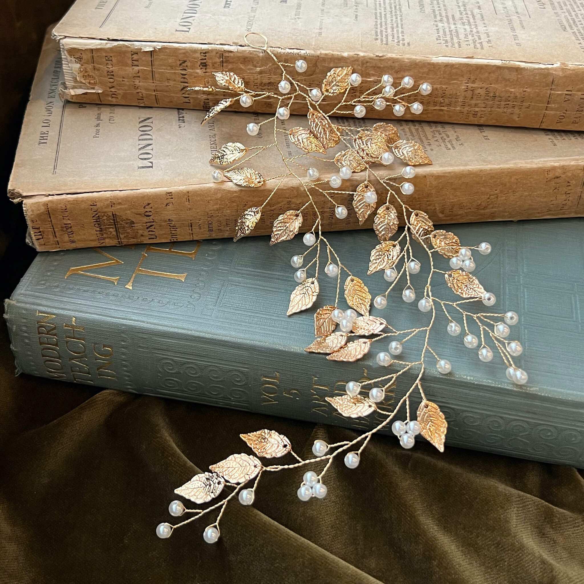 Jules Bridal - Liana, Golden Leaf Hair Vine with Pearls