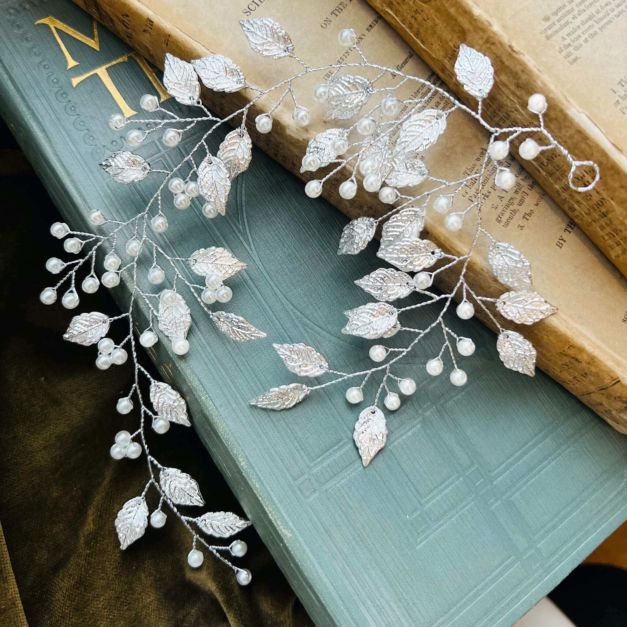 Jules Bridal - Liana, Silver Leaf Hair Vine with Pearls