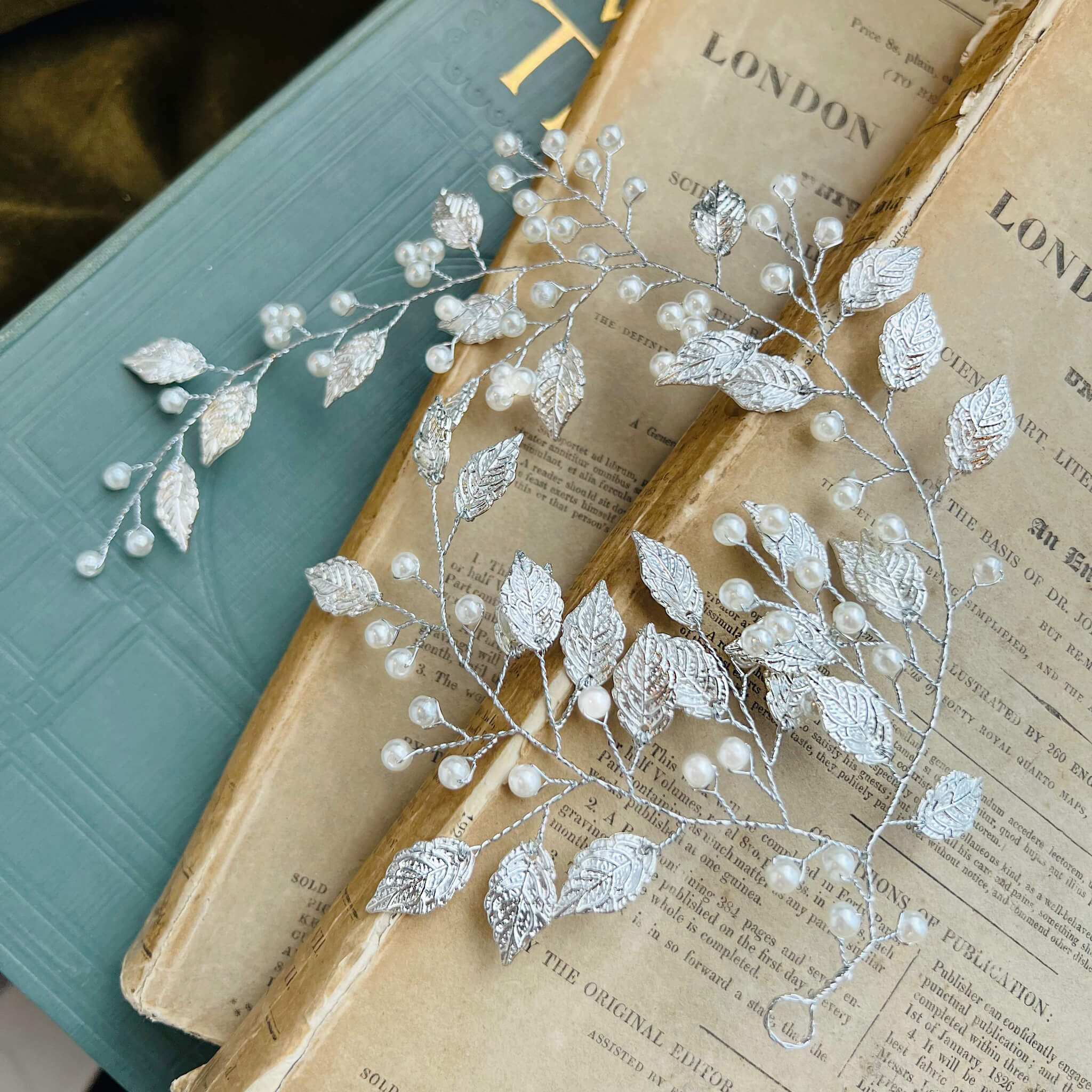 Jules Bridal - Liana, Silver Leaf Hair Vine with Pearls