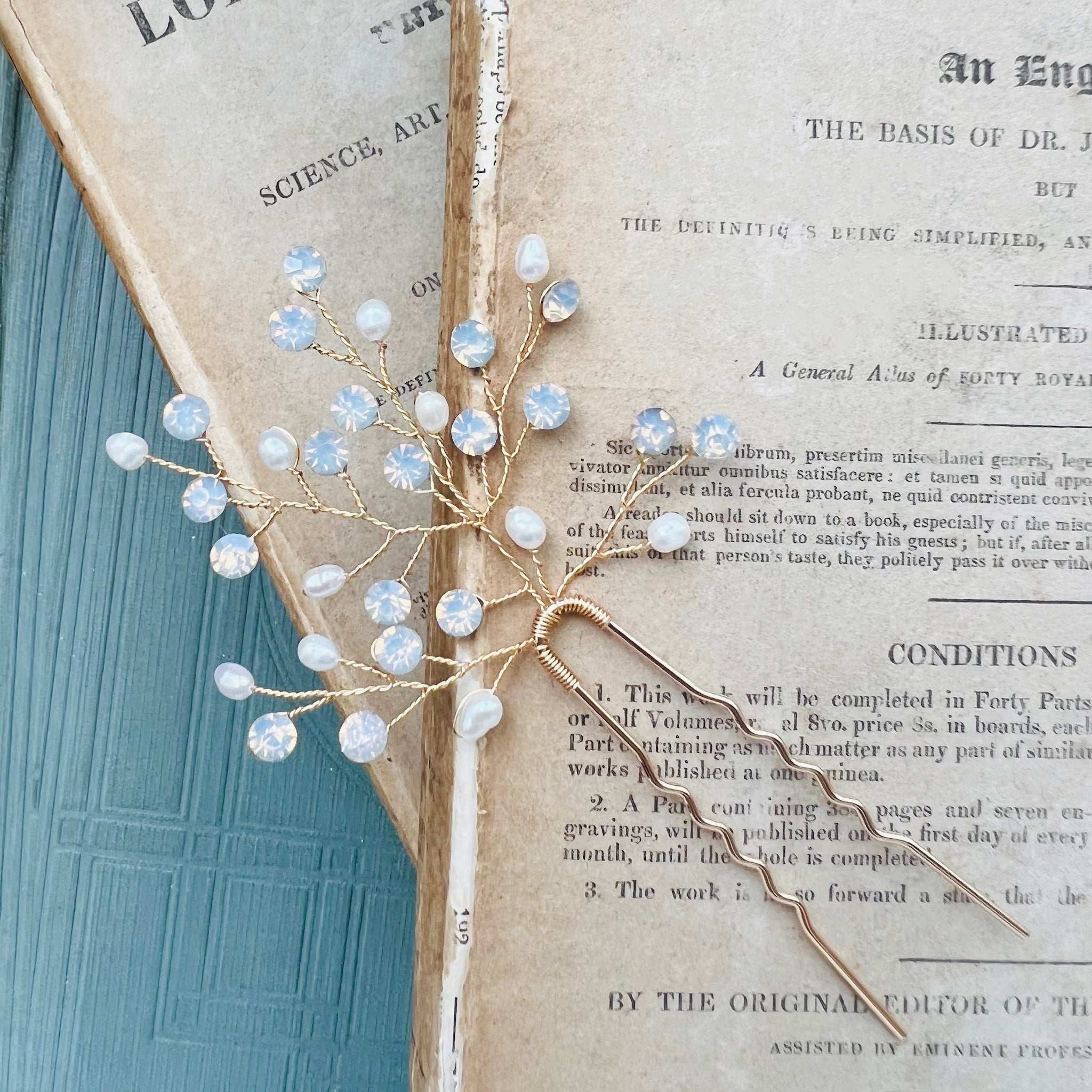 Jules Bridal - Linnea, Opal and Pearl Hair Pin in Gold