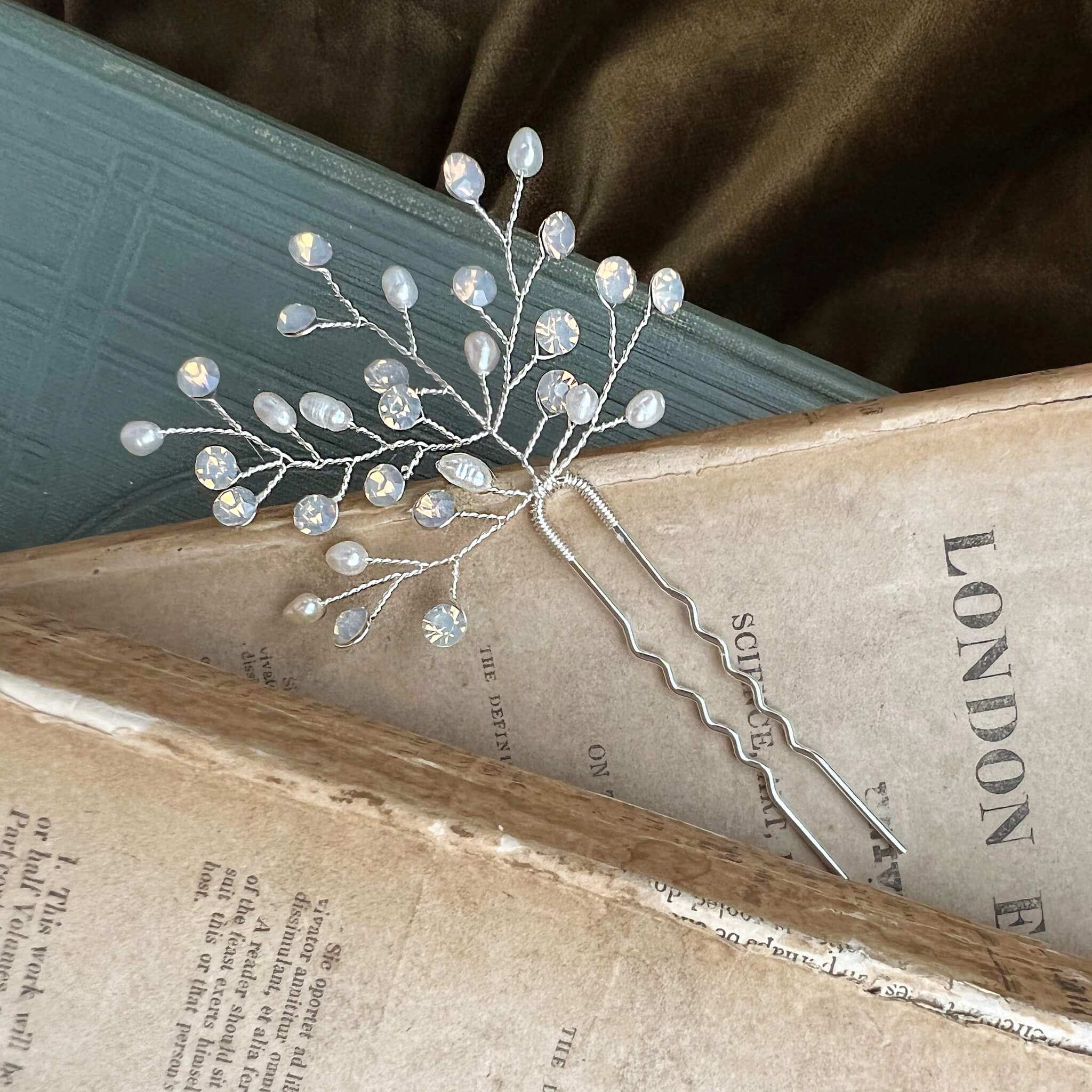Jules Bridal - Linnea, Opal and Pearl Hair Pin in Silver