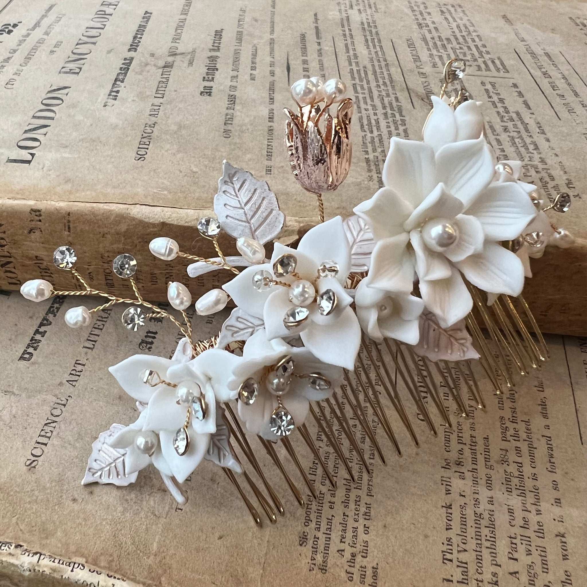 Jules Bridal - Madlen, White Ceramic Floral Hair Comb in Gold
