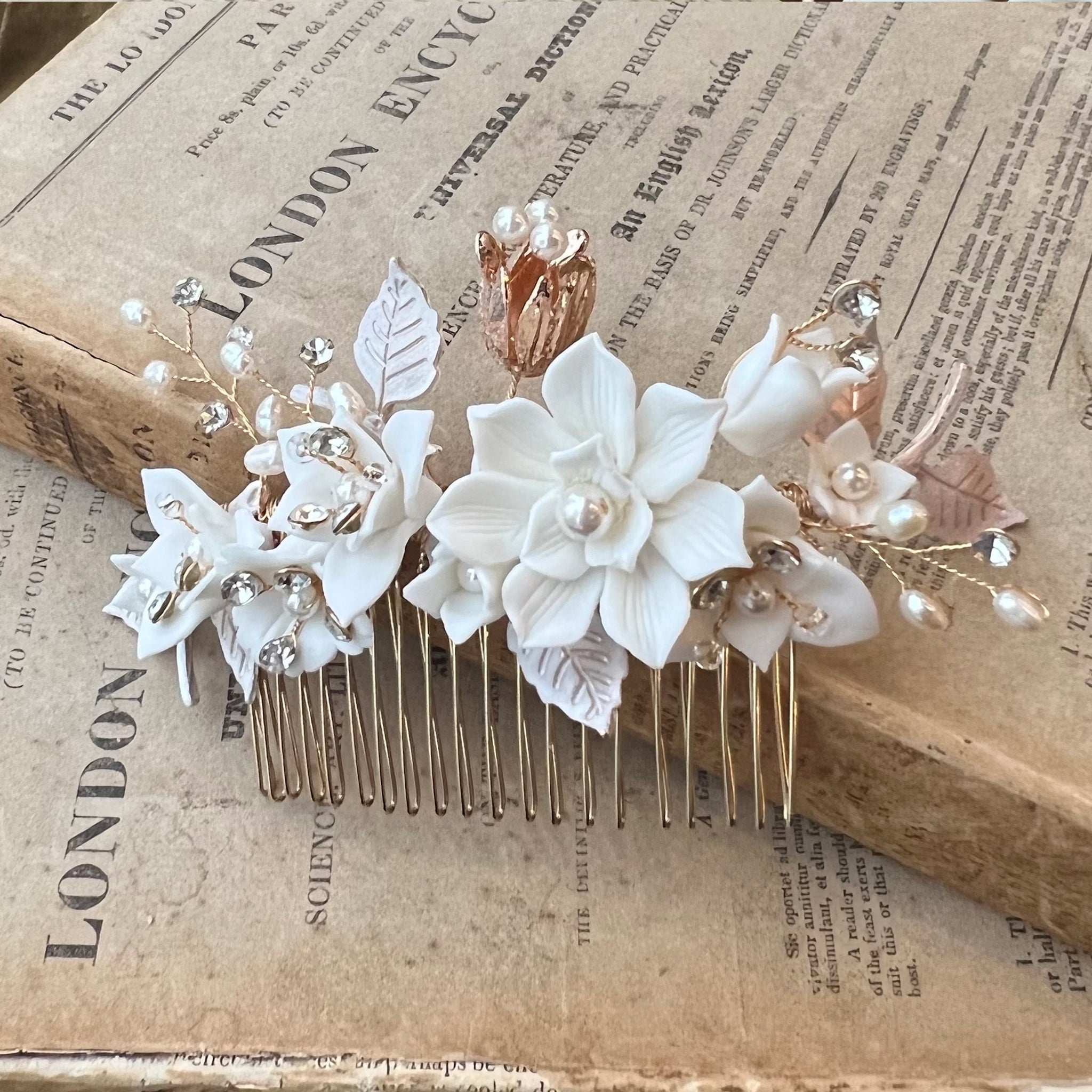 Jules Bridal - Madlen, White Ceramic Floral Hair Comb in Gold
