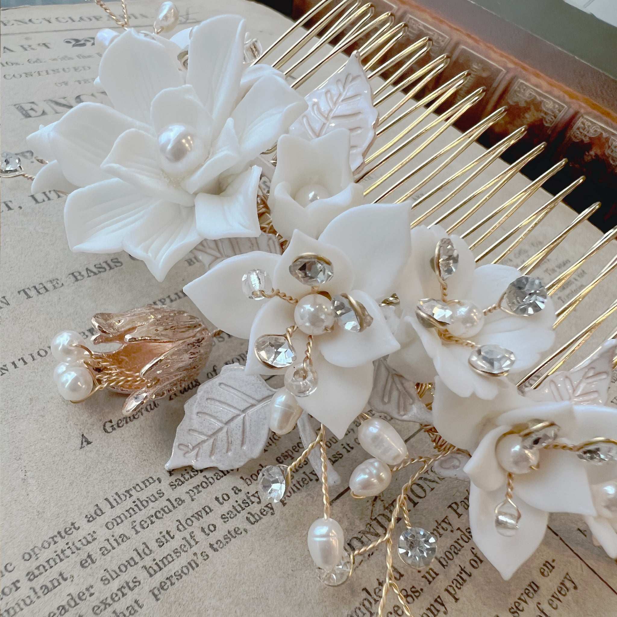 Jules Bridal - Madlen, White Ceramic Floral Hair Comb in Gold