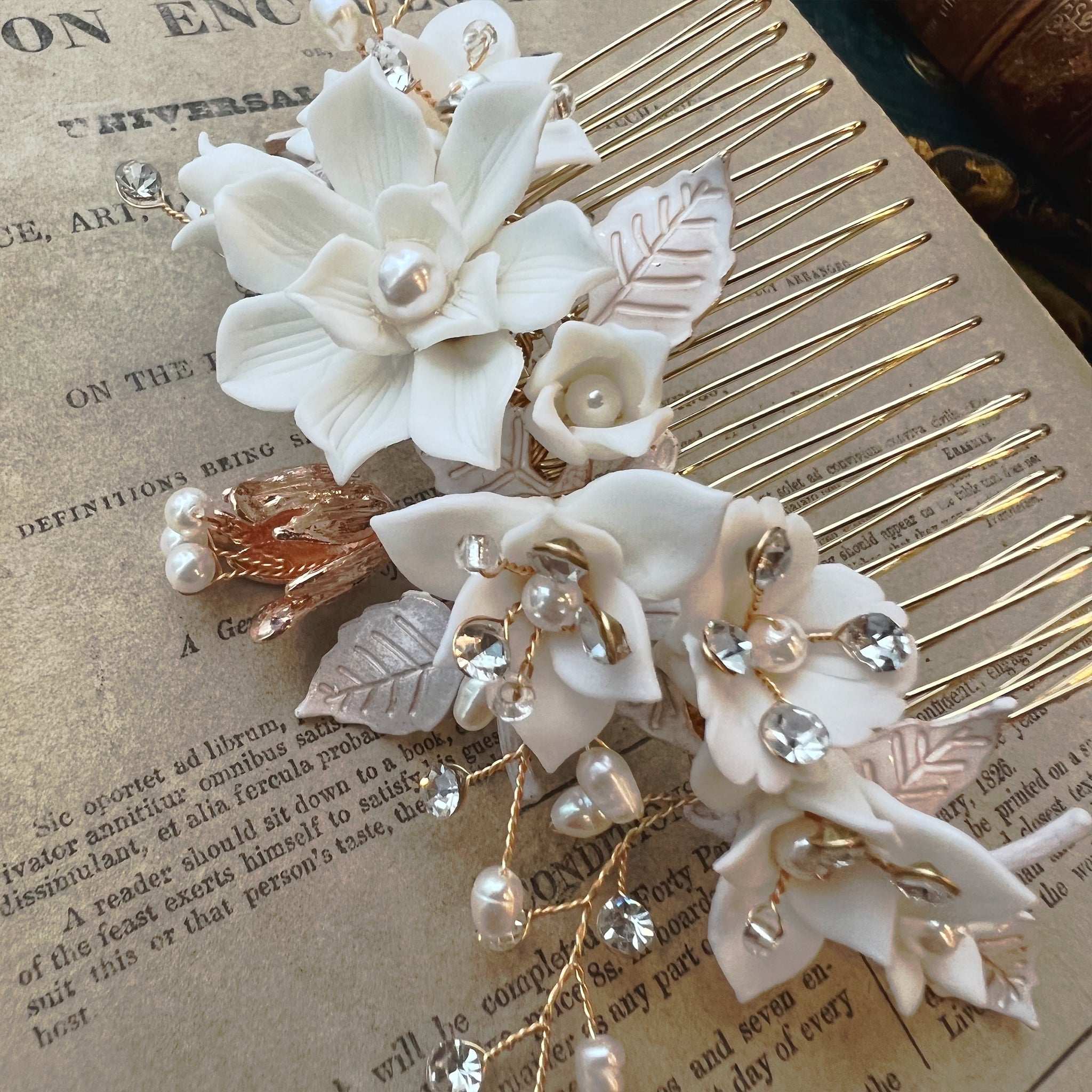 Jules Bridal - Madlen, White Ceramic Floral Hair Comb in Gold