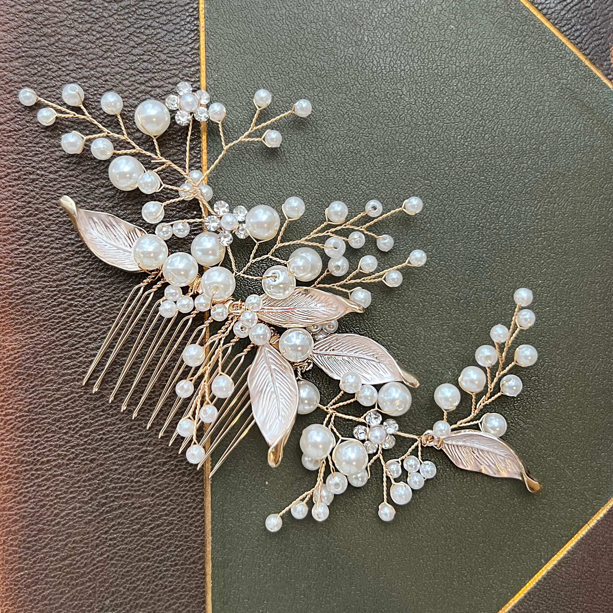 Jules Bridal - Maisie, Golden Leaf Hair Comb with Pearls & Crystals