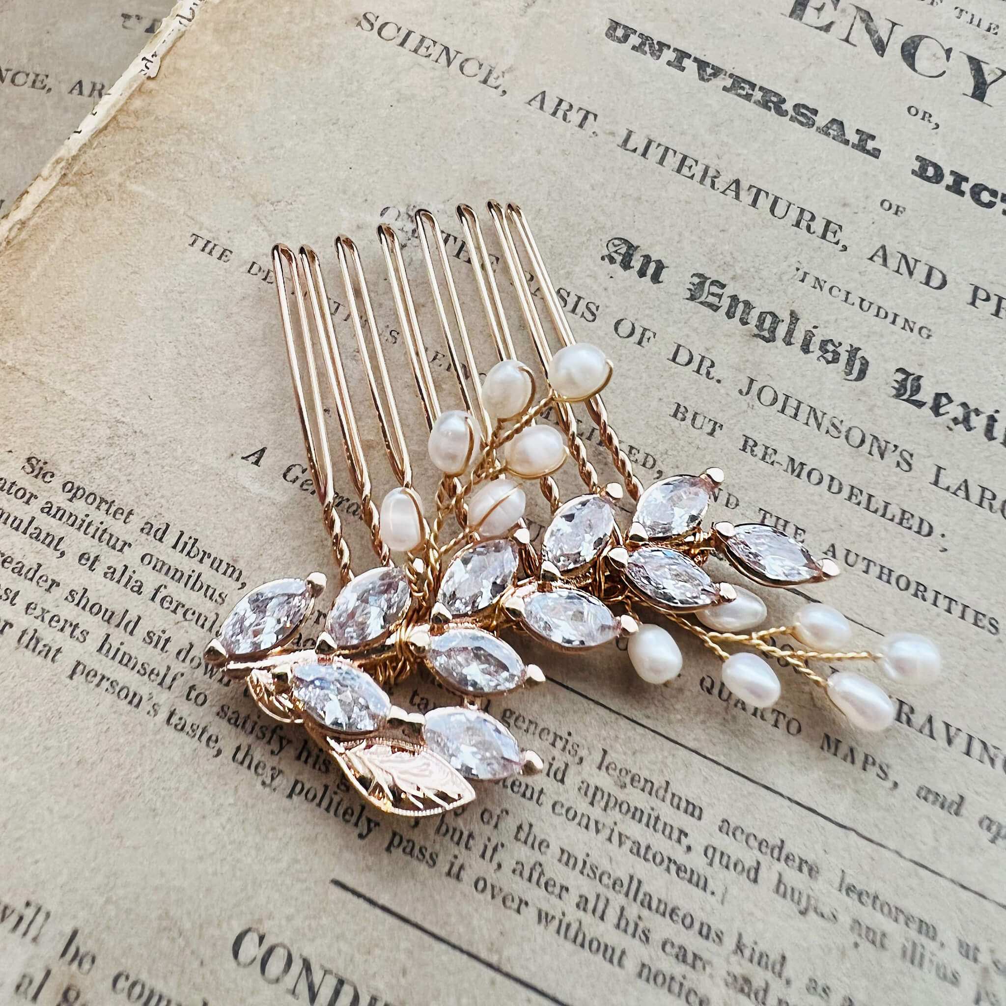 Jules Bridal - Malvina, Leaf Crystal Hair Comb with Pearls in Gold
