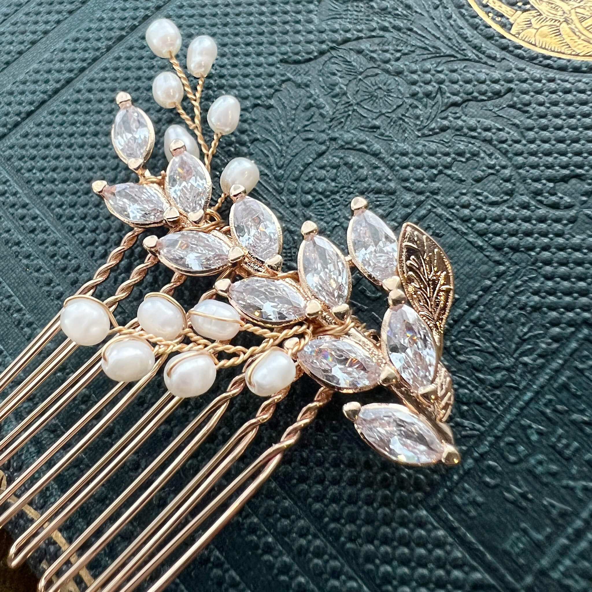 Jules Bridal - Malvina, Leaf Crystal Hair Comb with Pearls in Gold