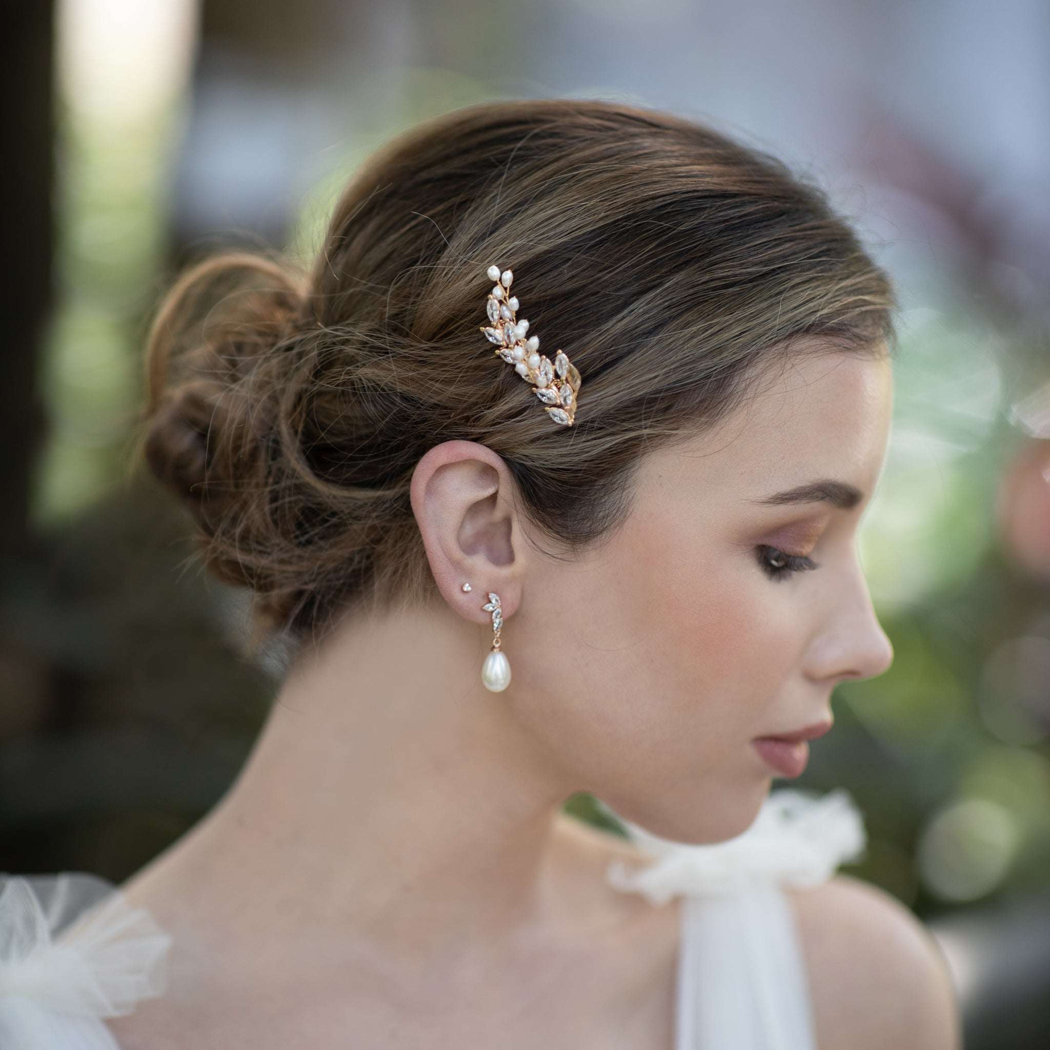 Jules Bridal - Malvina, Leaf Crystal Hair Comb with Pearls in Gold