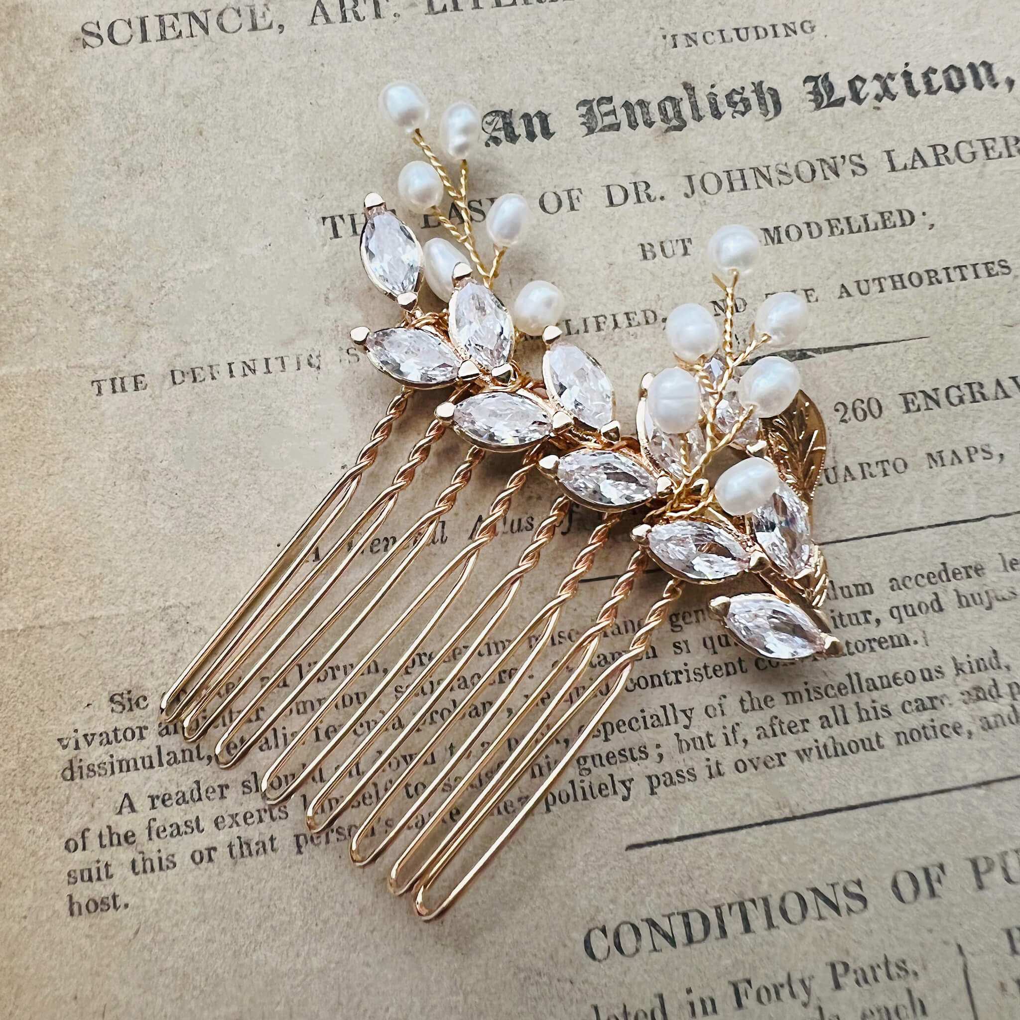 Jules Bridal - Malvina, Leaf Crystal Hair Comb with Pearls in Gold