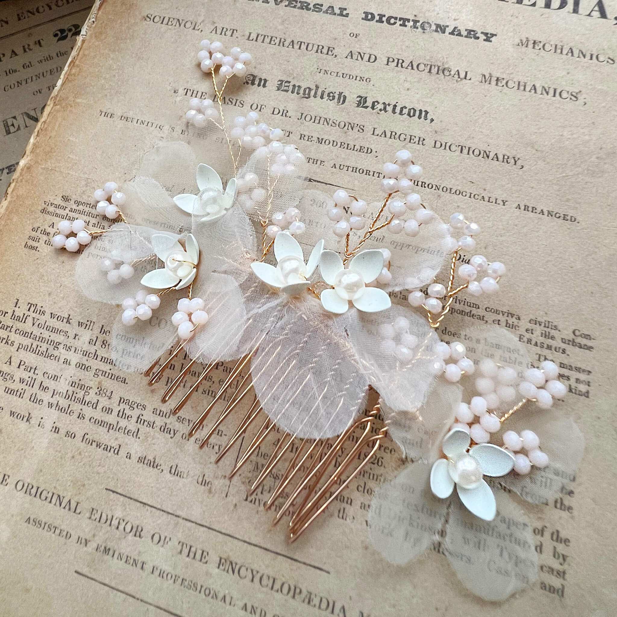 Jules Bridal - Meyeri, Chiffon Floral Hair Comb with Pearls & Beading