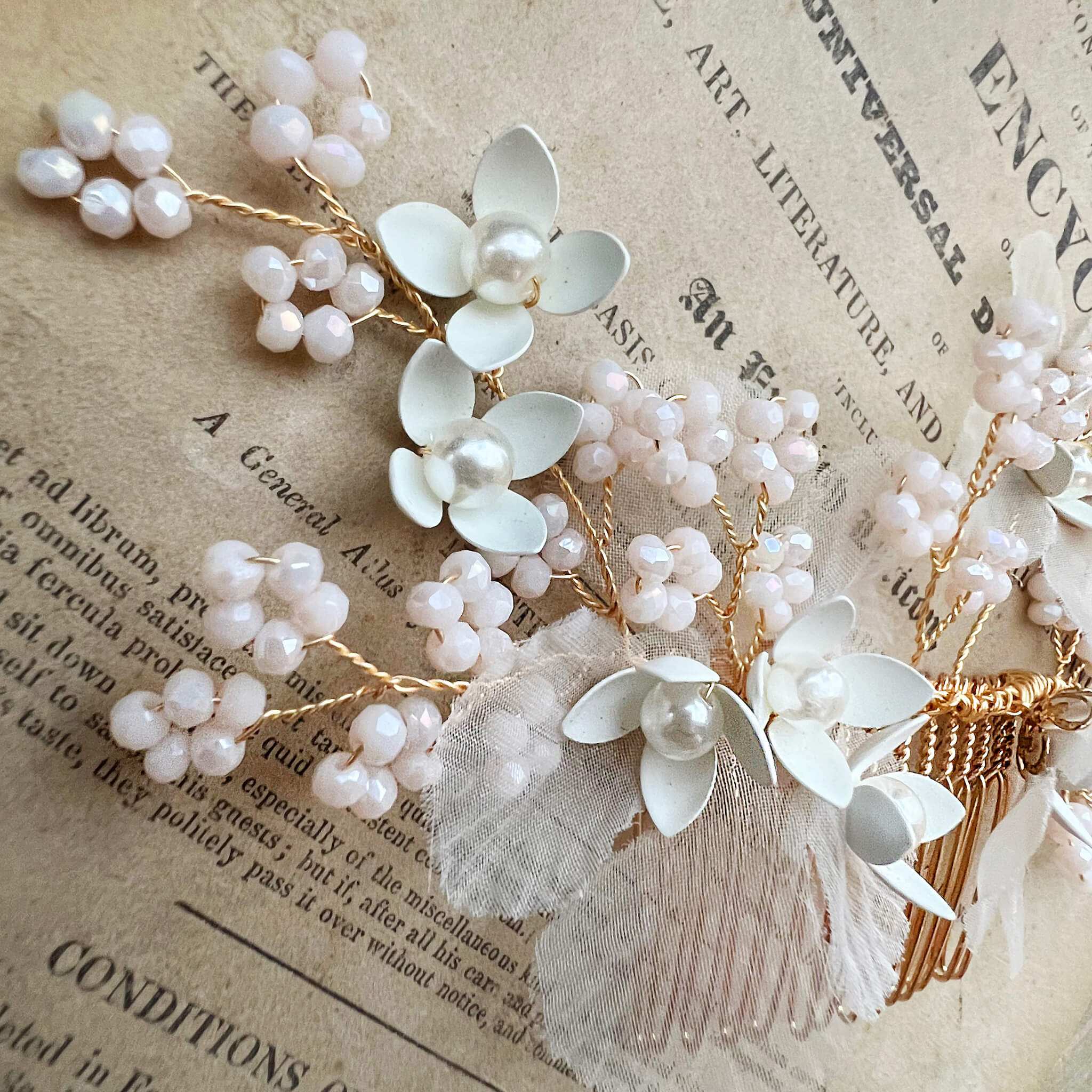Jules Bridal - Meyeri, Chiffon Floral Hair Comb with Pearls & Beading