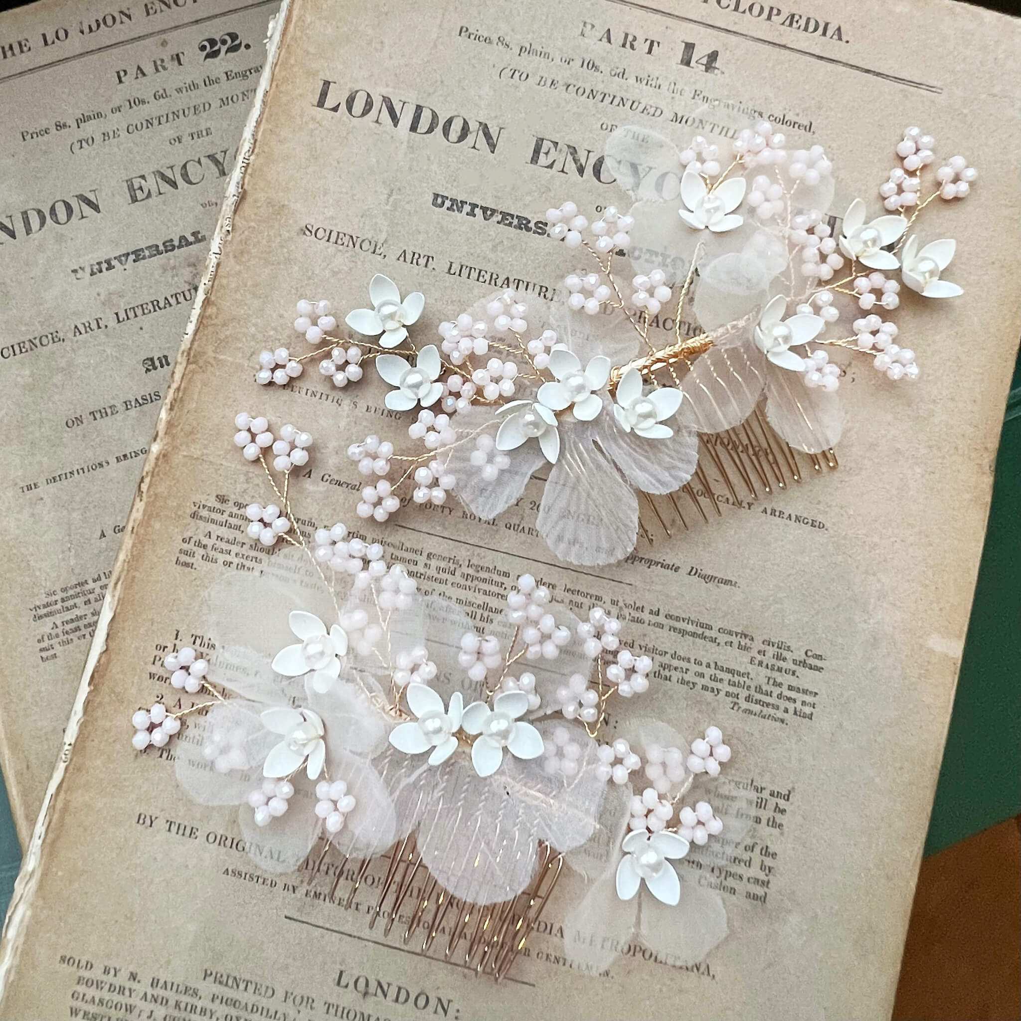 Jules Bridal - Meyeri, Chiffon Floral Hair Comb with Pearls & Beading