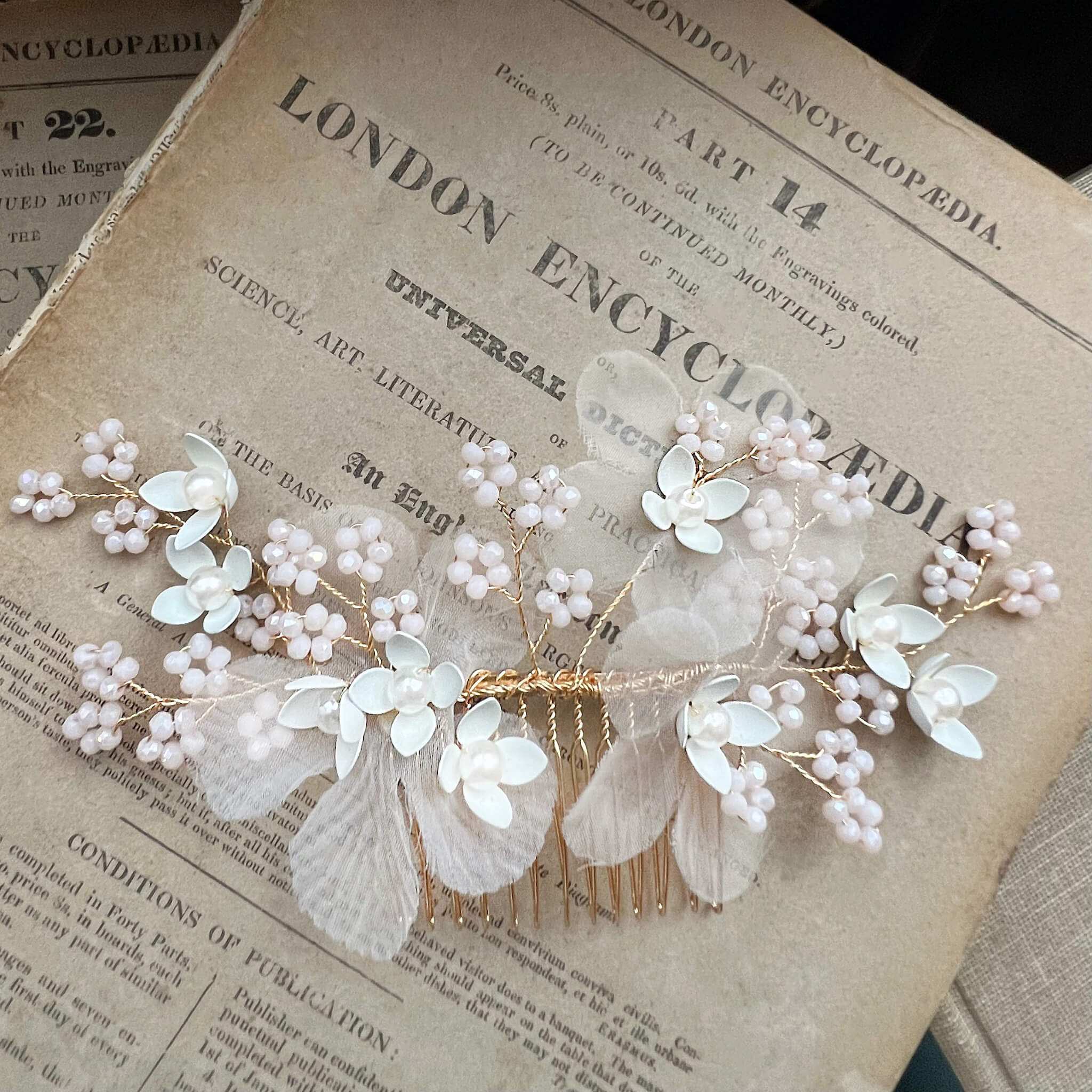 Jules Bridal - Meyeri, Chiffon Floral Hair Comb with Pearls & Beading