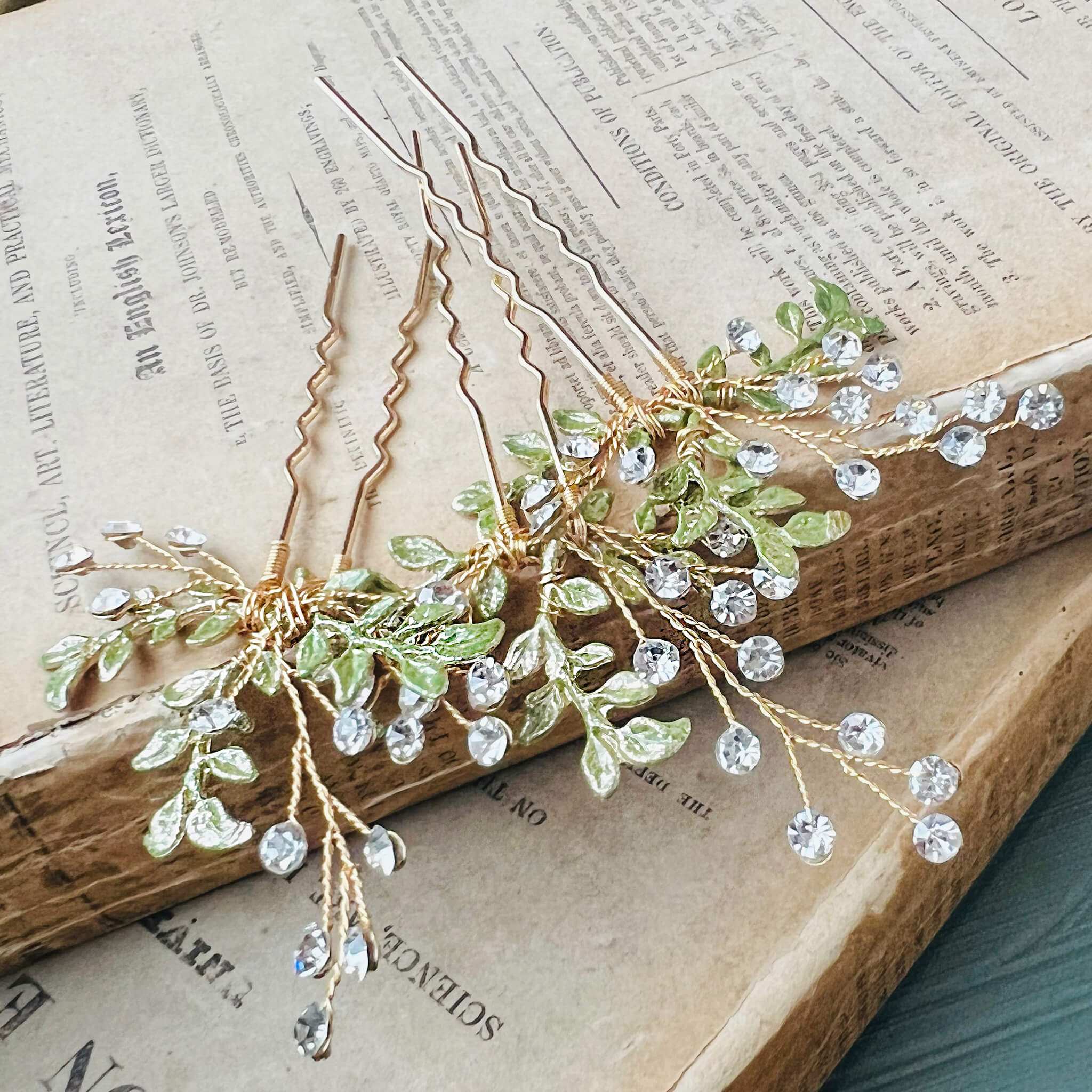 Jules Bridal - Misty, Crystal and Green Hair Pins