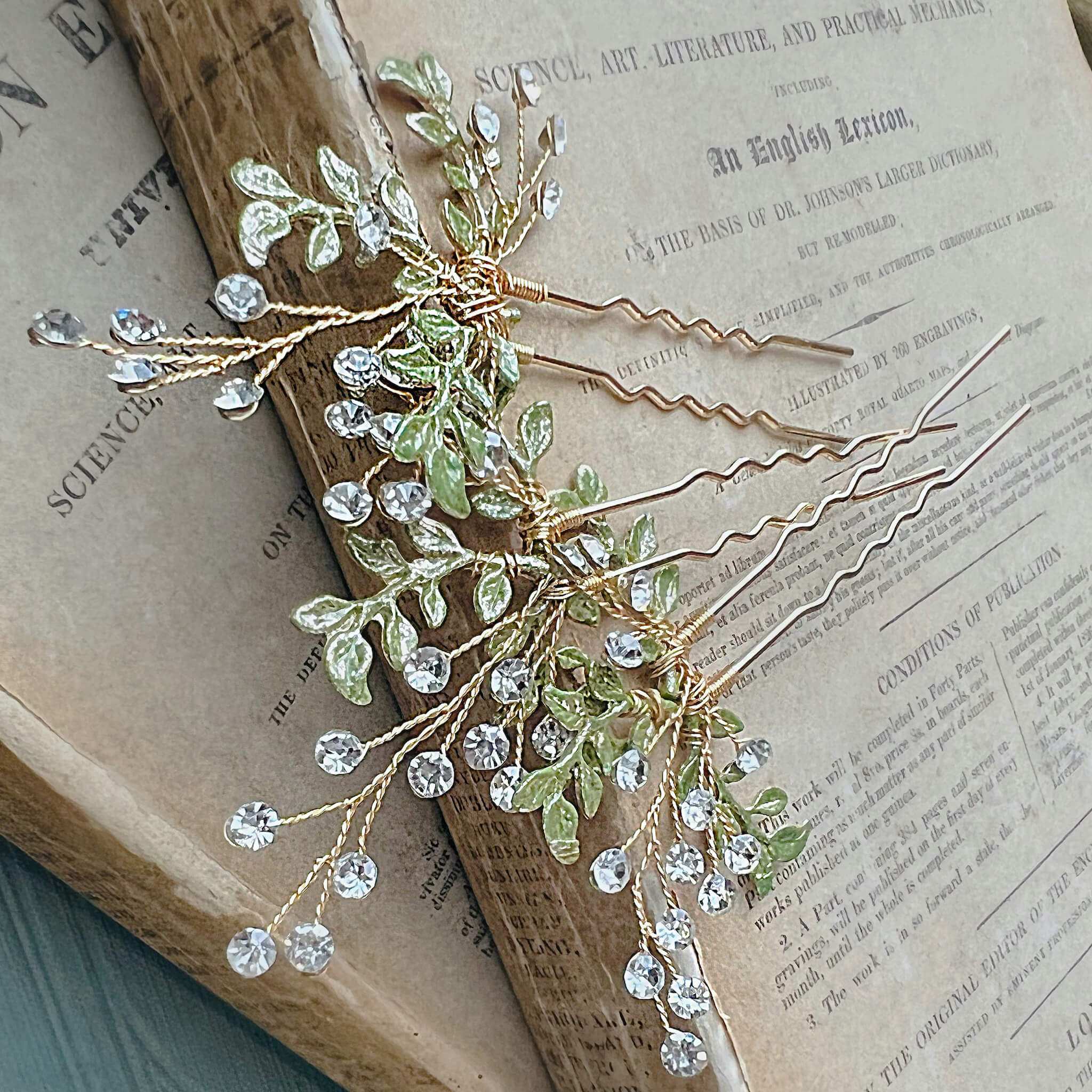 Jules Bridal - Misty, Crystal and Green Hair Pins