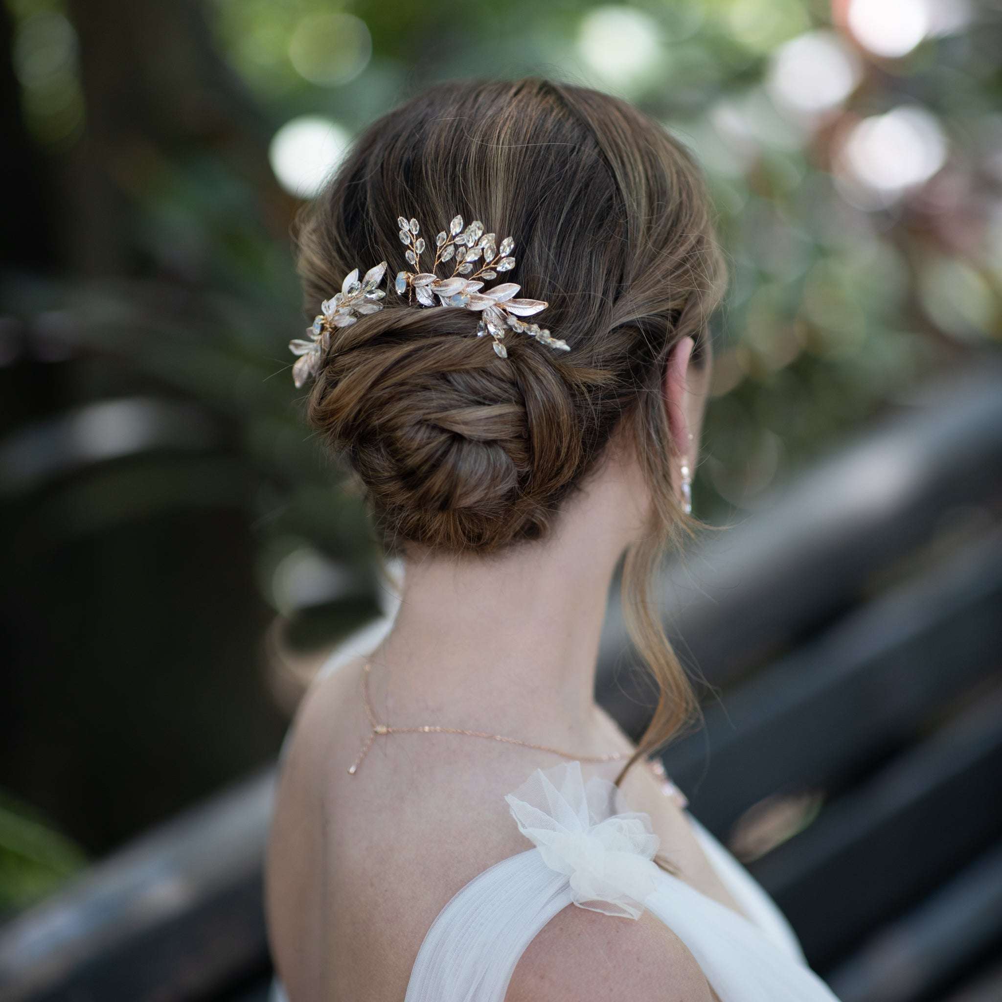 Jules Bridal - Morna, Crystal Hair Comb Pair with Golden Leaf Motifs