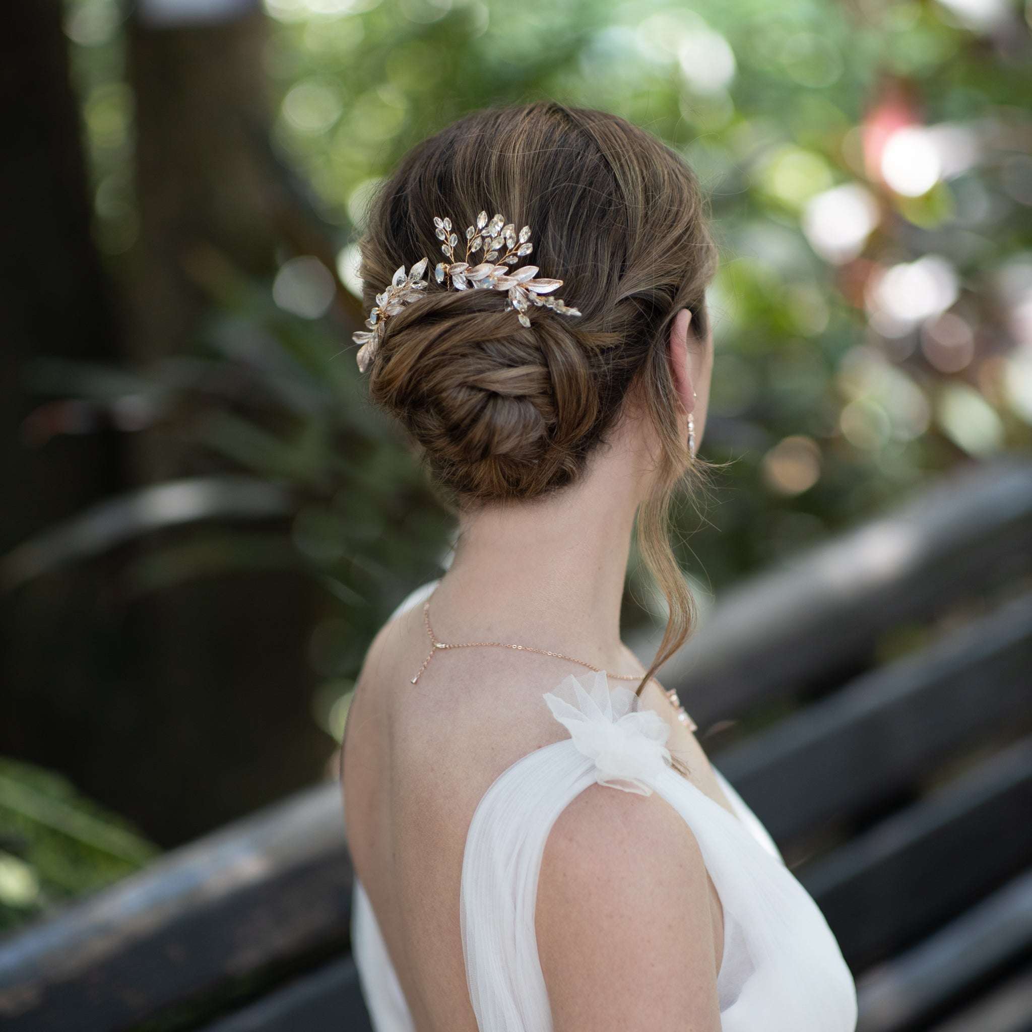Jules Bridal - Morna, Crystal Hair Comb Pair with Golden Leaf Motifs