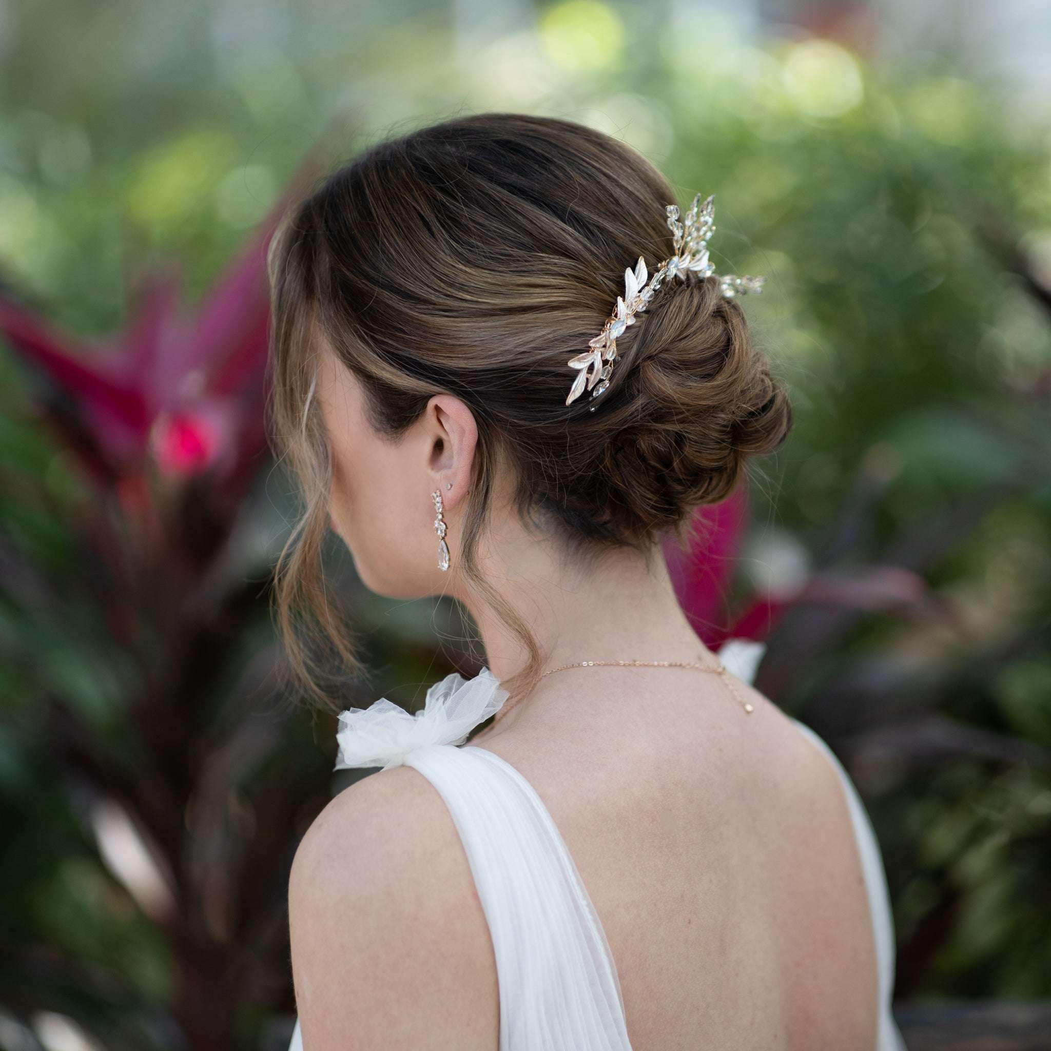Jules Bridal - Morna, Crystal Hair Comb Pair with Golden Leaf Motifs