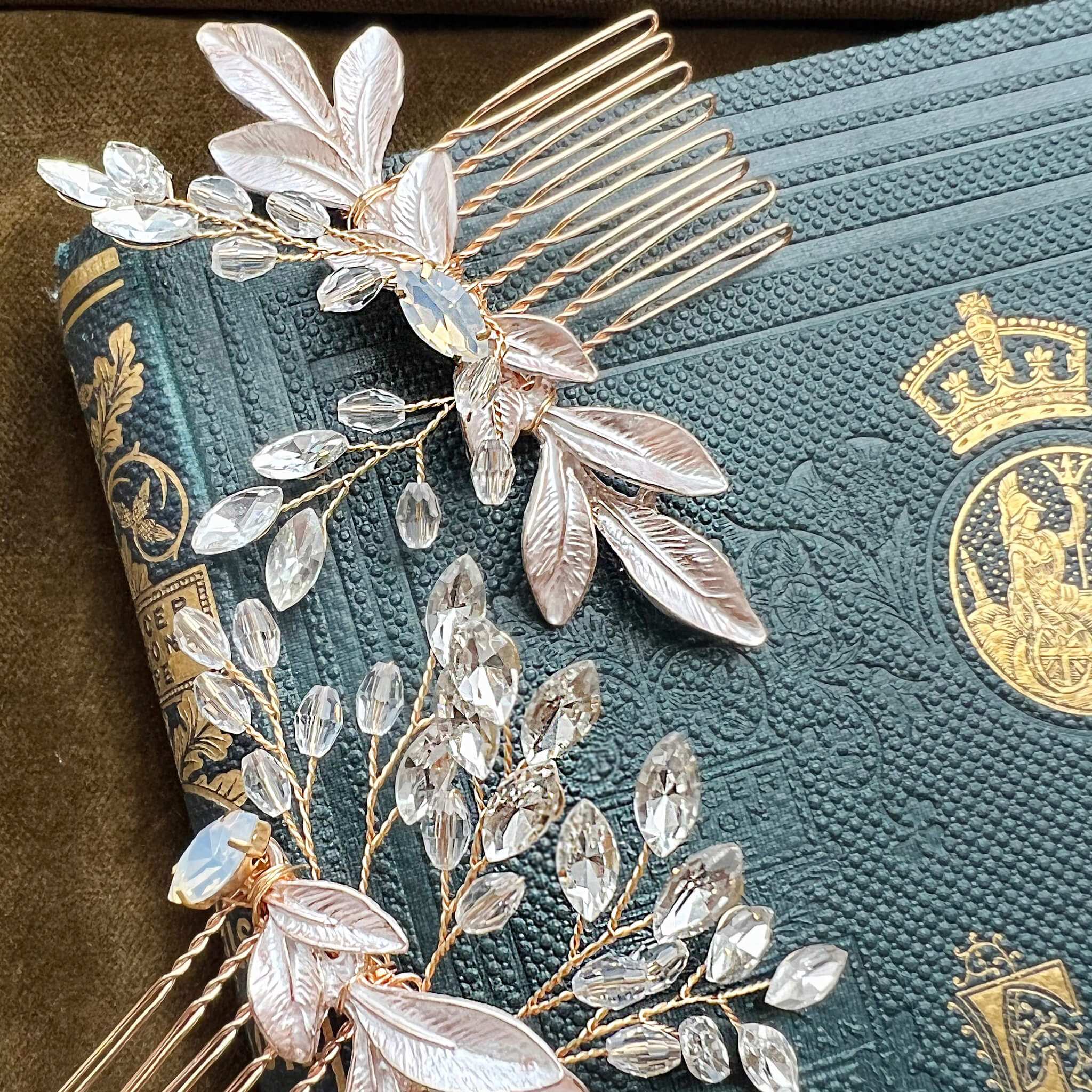 Jules Bridal - Morna, Crystal Hair Comb Pair with Golden Leaf Motifs