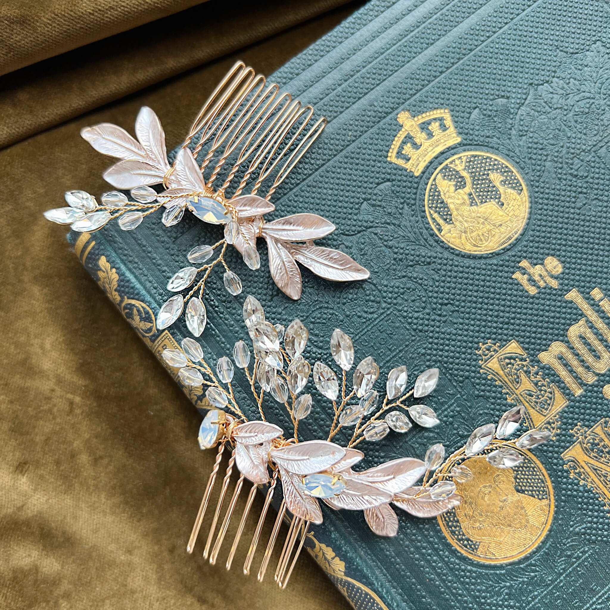 Jules Bridal - Morna, Crystal Hair Comb Pair with Golden Leaf Motifs