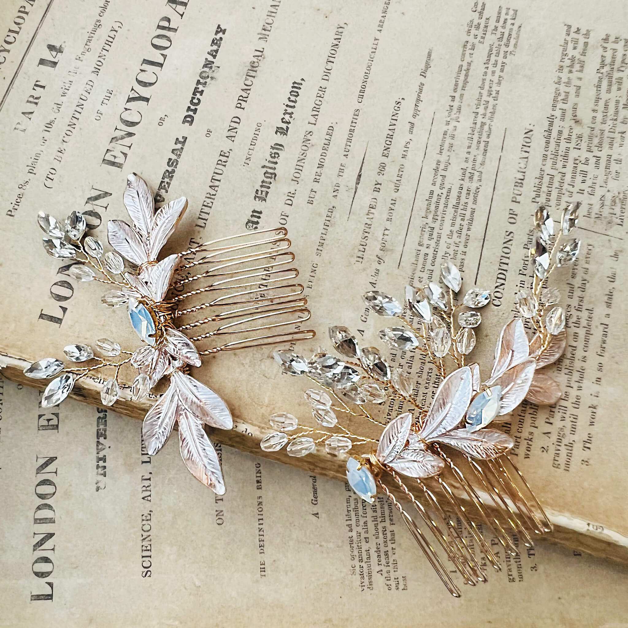 Jules Bridal - Morna, Crystal Hair Comb Pair with Golden Leaf Motifs