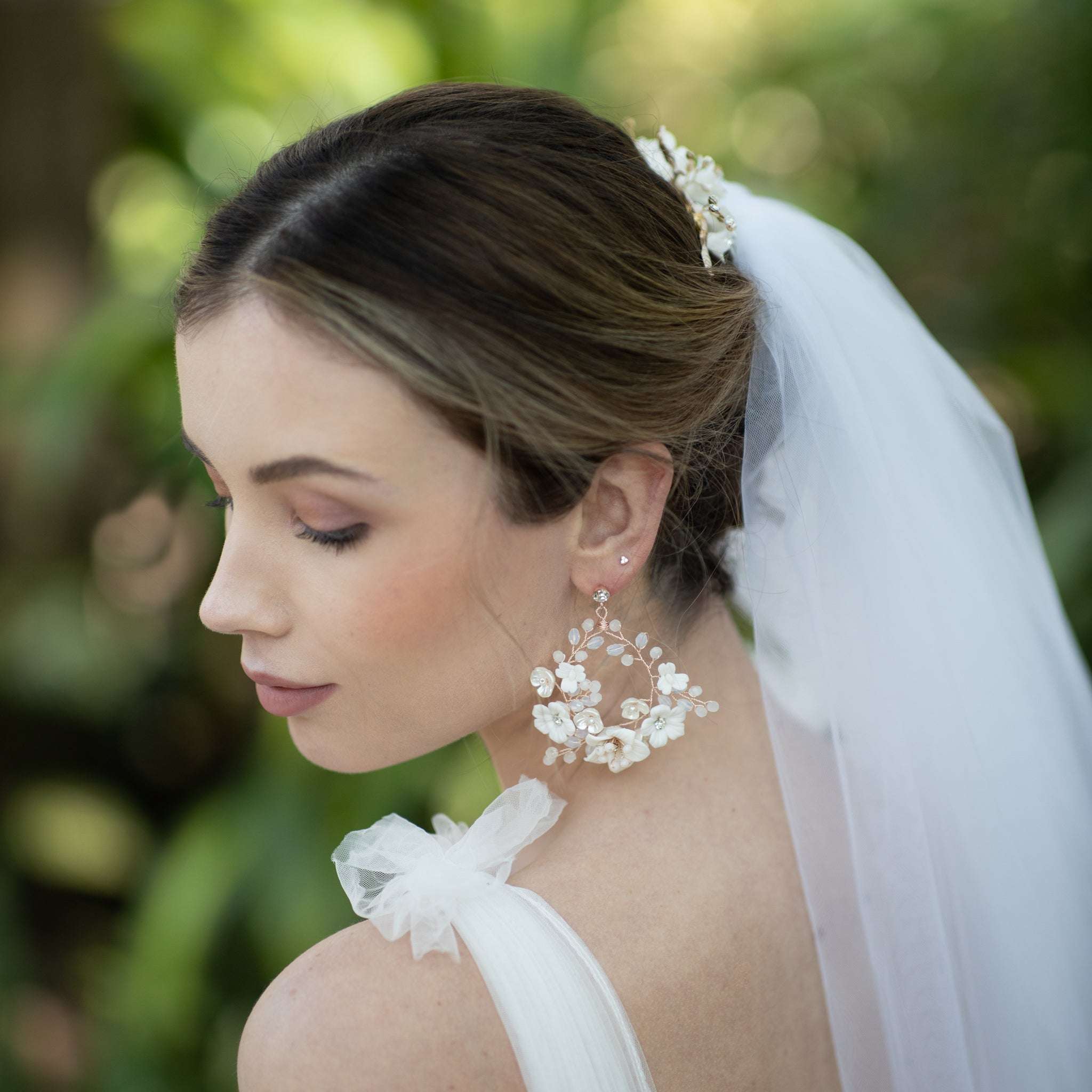 Jules Bridal - Myrtle, White Ceramic Floral Drop Earrings