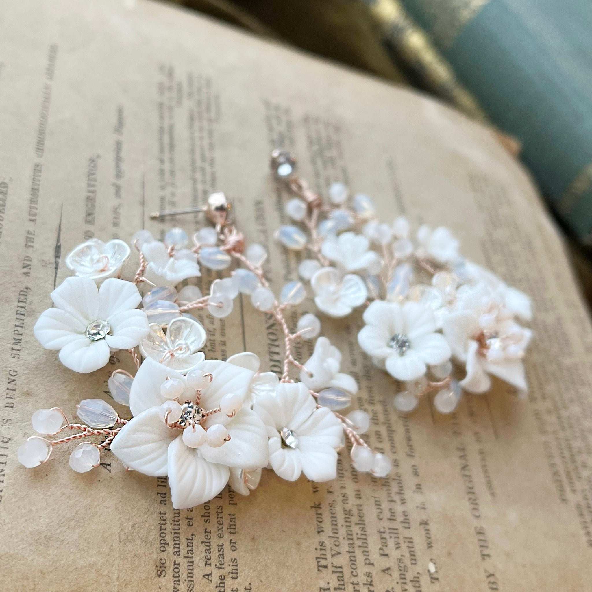 Jules Bridal - Myrtle, White Ceramic Floral Drop Earrings