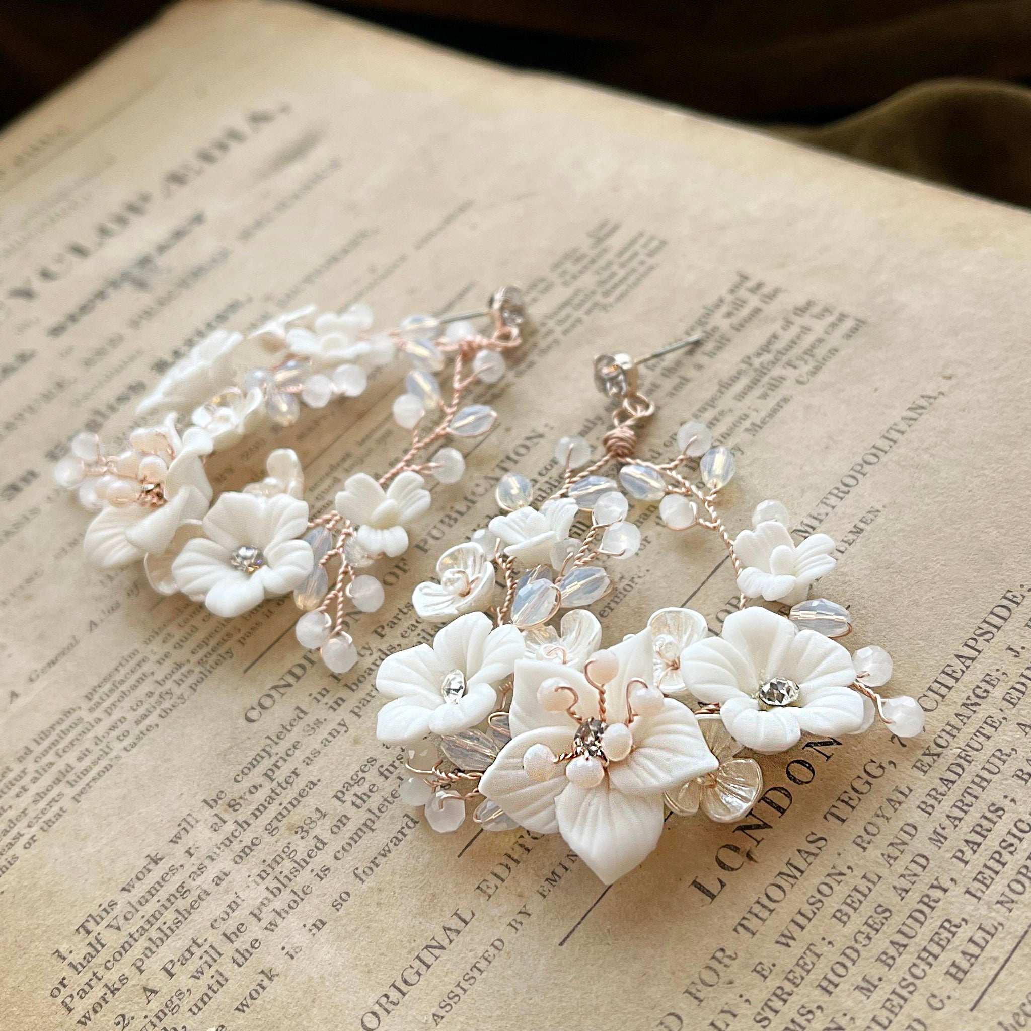 Jules Bridal - Myrtle, White Ceramic Floral Drop Earrings