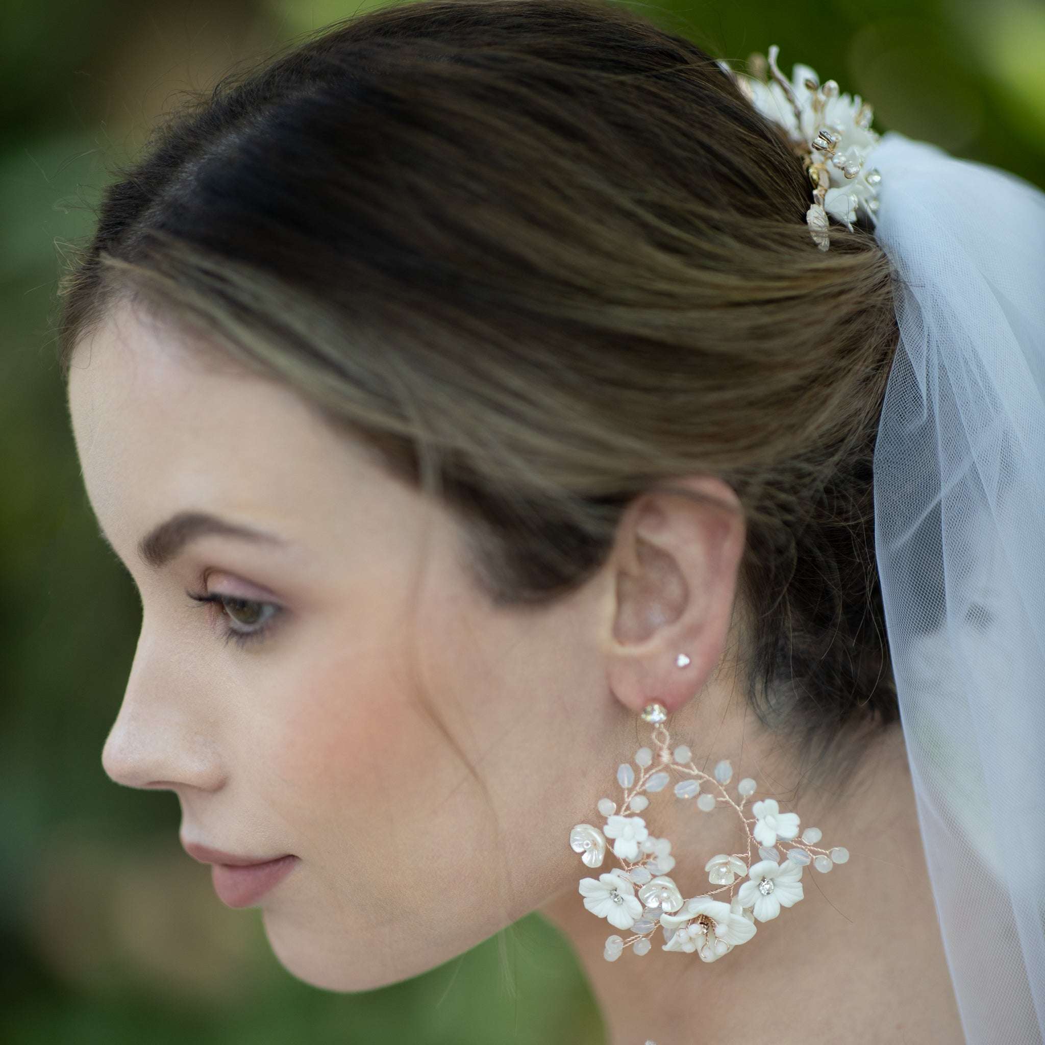 Jules Bridal - Myrtle, White Ceramic Floral Drop Earrings