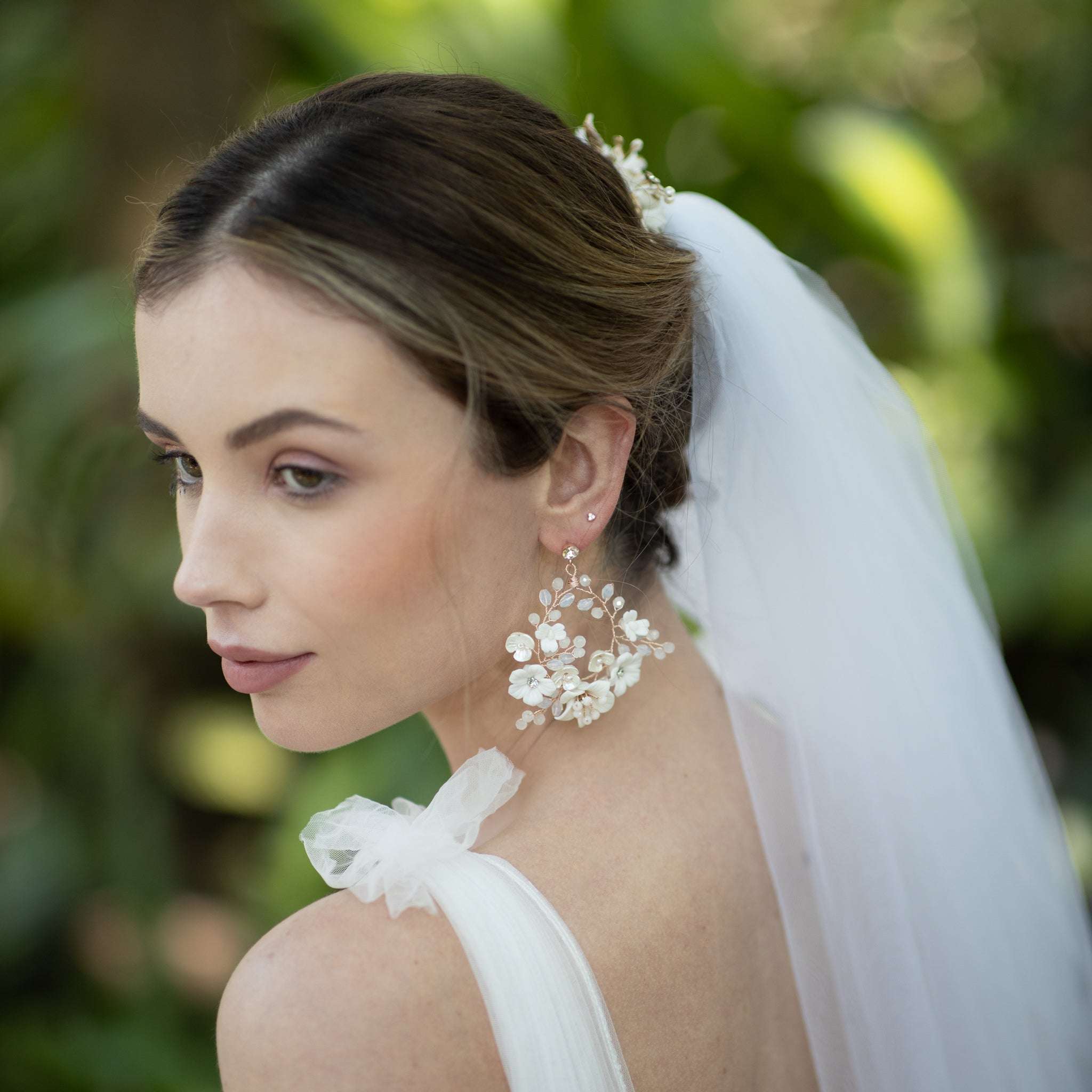 Jules Bridal - Myrtle, White Ceramic Floral Drop Earrings