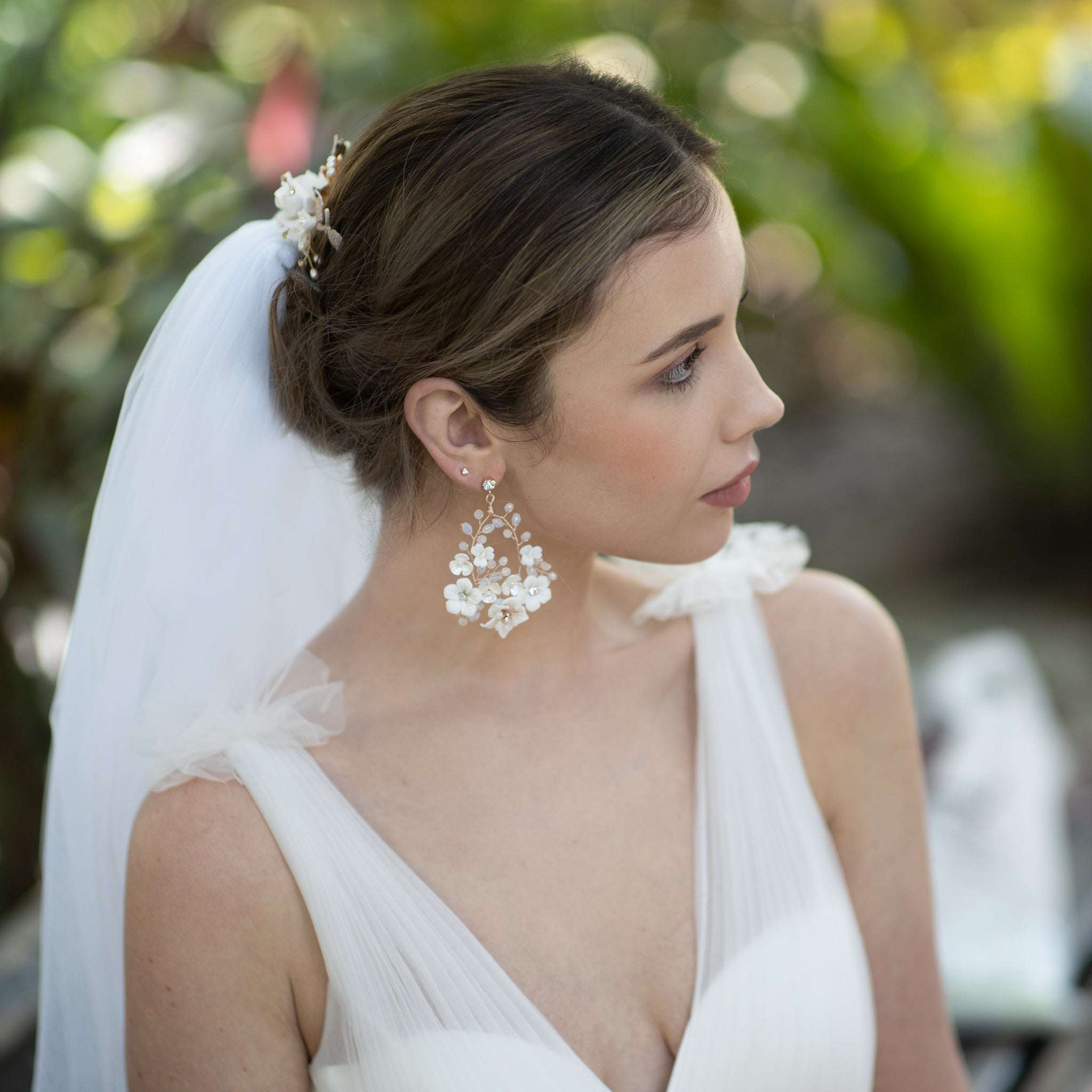 Jules Bridal - Myrtle, White Ceramic Floral Drop Earrings