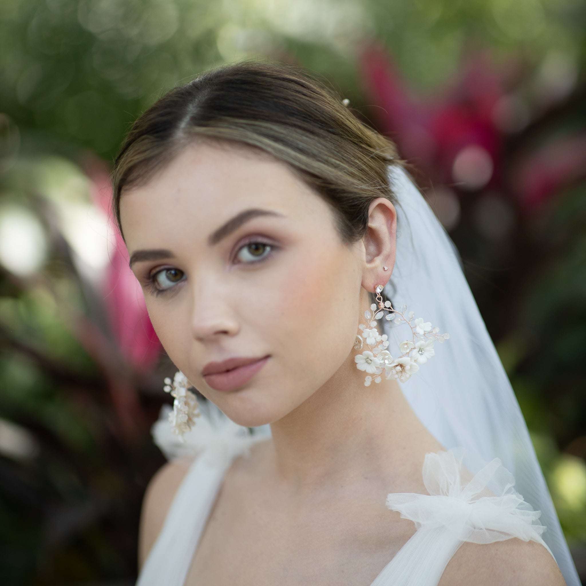 Jules Bridal - Myrtle, White Ceramic Floral Drop Earrings